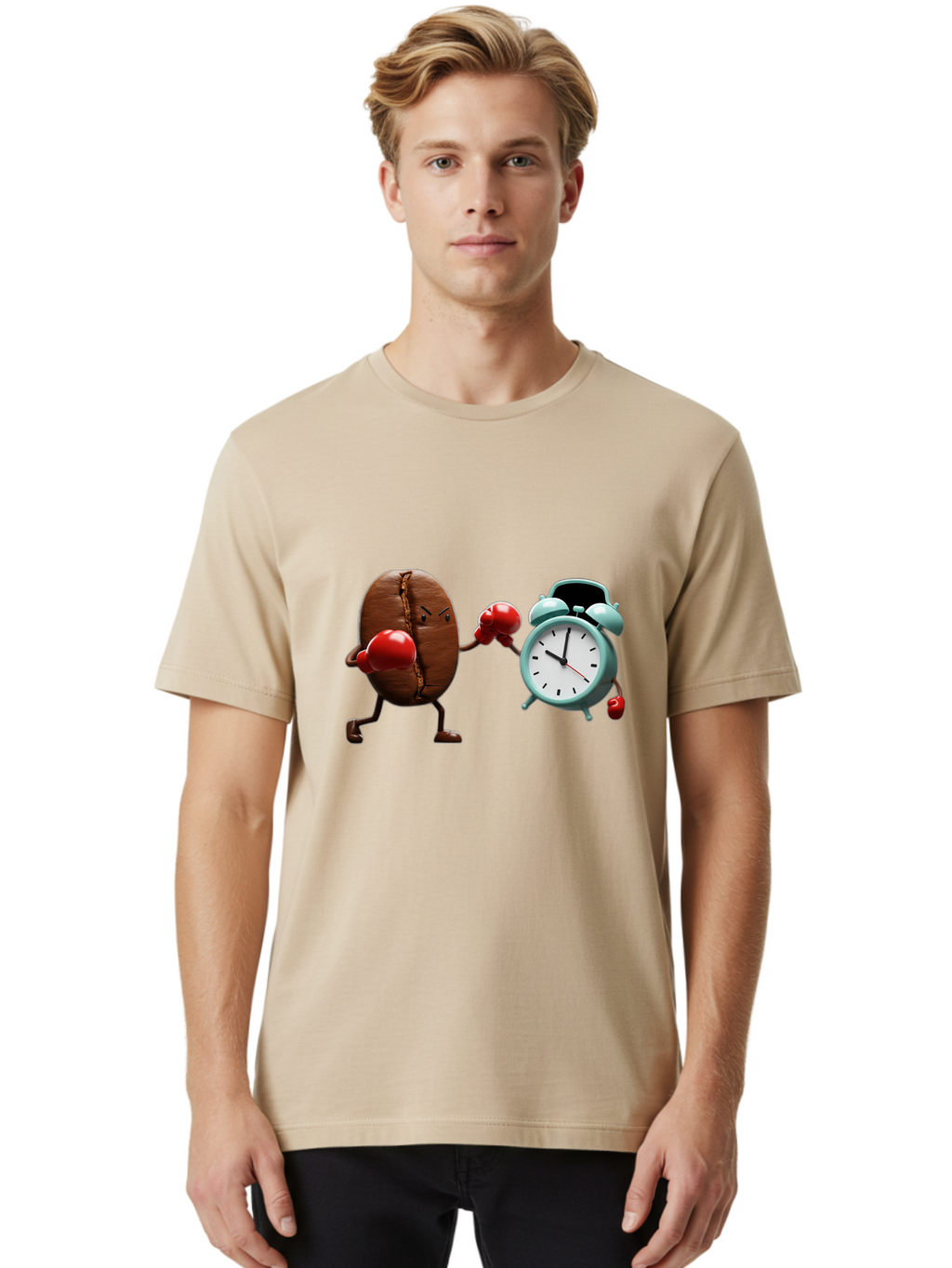 Coffee-Bean-Vs-Alarm-Clock-2 Men'S Graphic Tee, 100% Cotton, Comfortable Casual Summer Wear, Machine Washable, Vintage Camera, Old Camera, Antique Camera, Black Camera, Classic Photography, Photography Equipment, Nostalgic Device, Film Camera, Bam076