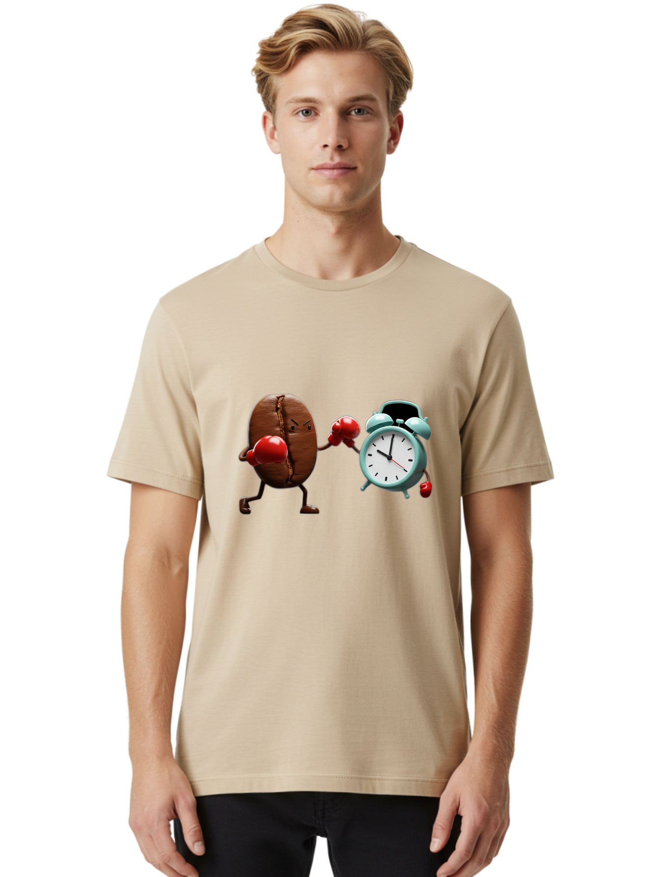 Coffee-Bean-Vs-Alarm-Clock-2 Men'S Graphic Tee, 100% Cotton, Comfortable Casual Summer Wear, Machine Washable, Vintage Camera, Old Camera, Antique Camera, Black Camera, Classic Photography, Photography Equipment, Nostalgic Device, Film Camera, Bam076
