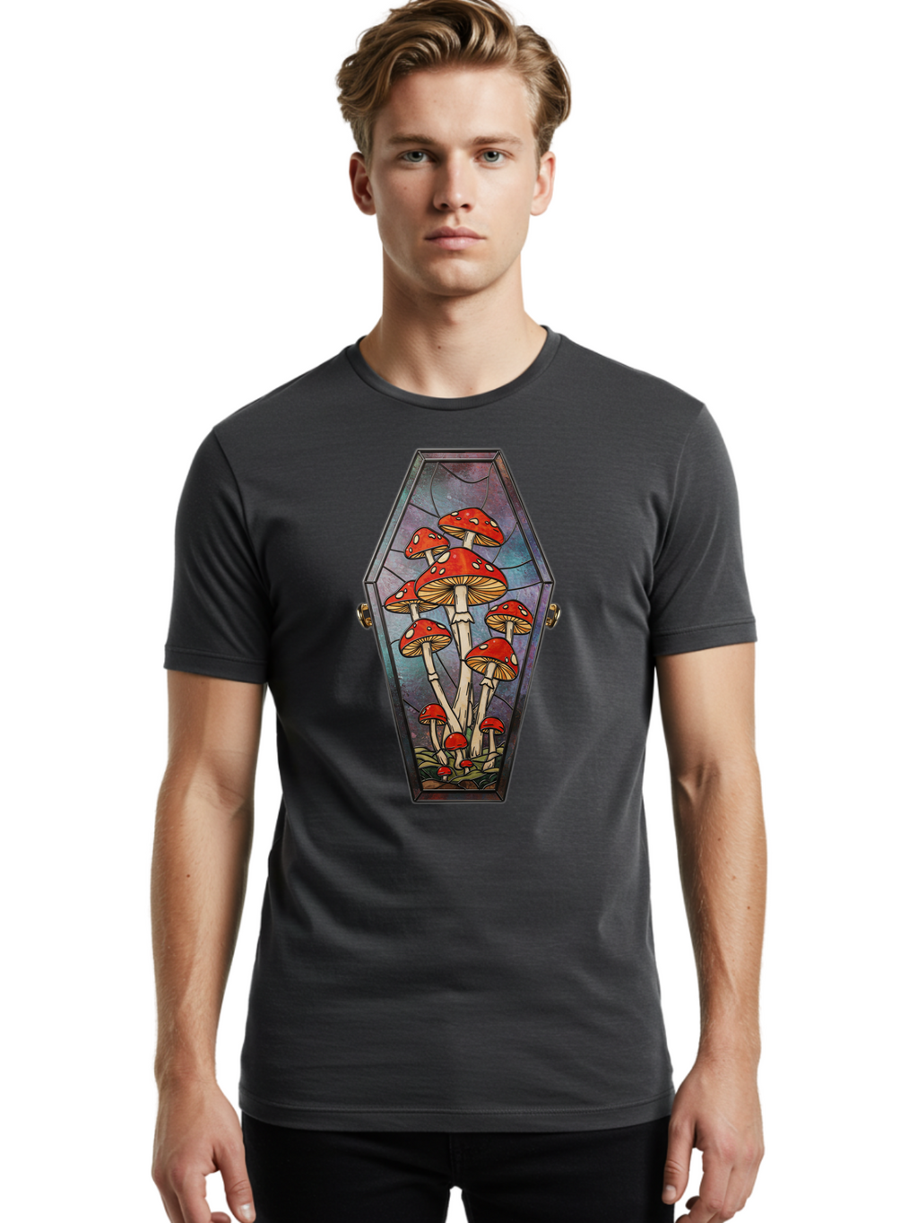 Coffin-With-Mushrooms-1 Men'S Graphic Tee, 100% Cotton, Comfortable Casual Summer Wear, Machine Washable, Vintage Camera, Old Camera, Antique Camera, Black Camera, Classic Photography, Photography Equipment, Nostalgic Device, Film Camera, Bam090