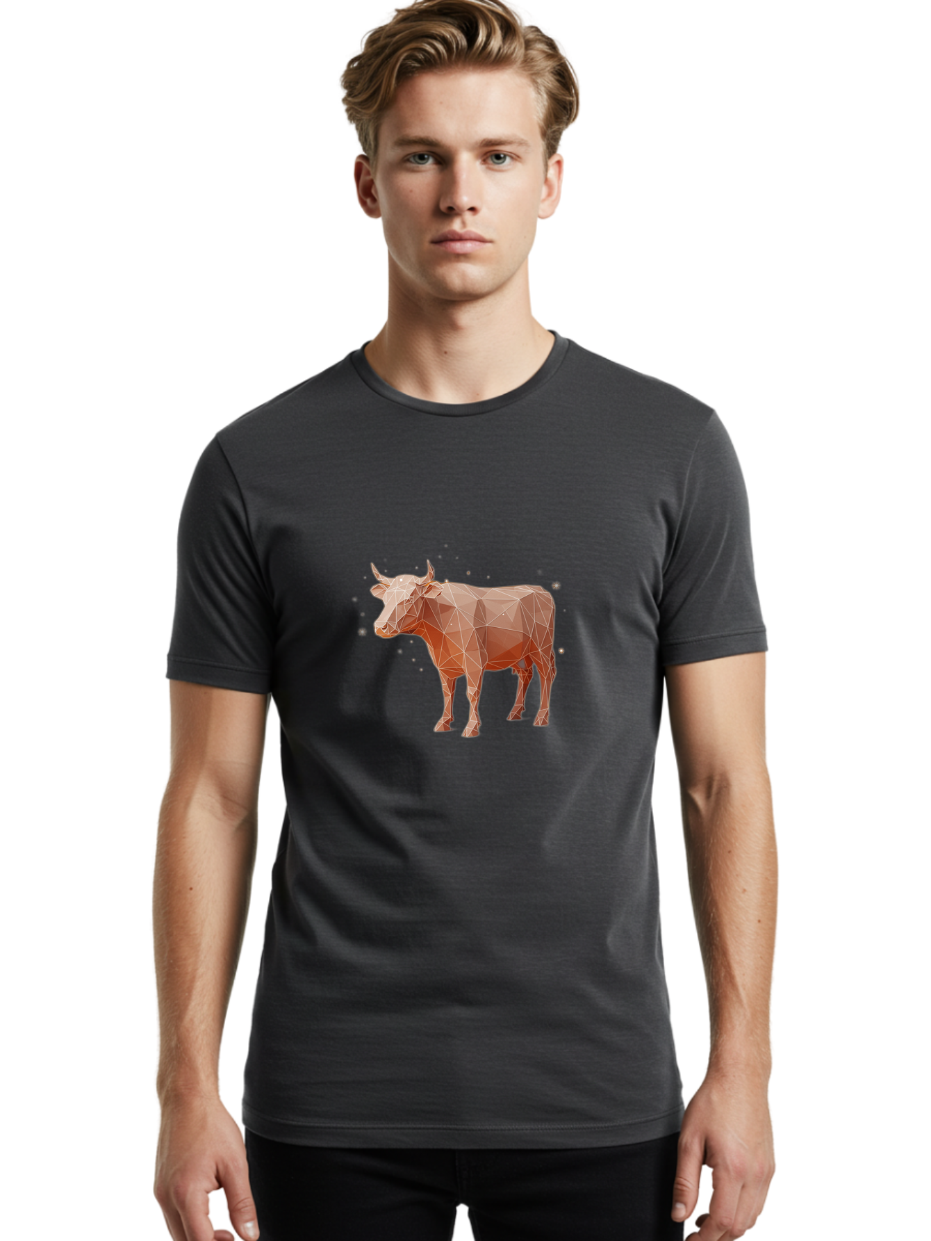 Cow-Low-Poly Men'S Graphic Tee, 100% Cotton, Comfortable Casual Summer Wear, Machine Washable, Vintage Camera, Old Camera, Antique Camera, Black Camera, Classic Photography, Photography Equipment, Nostalgic Device, Film Camera, Camera Art Bam118