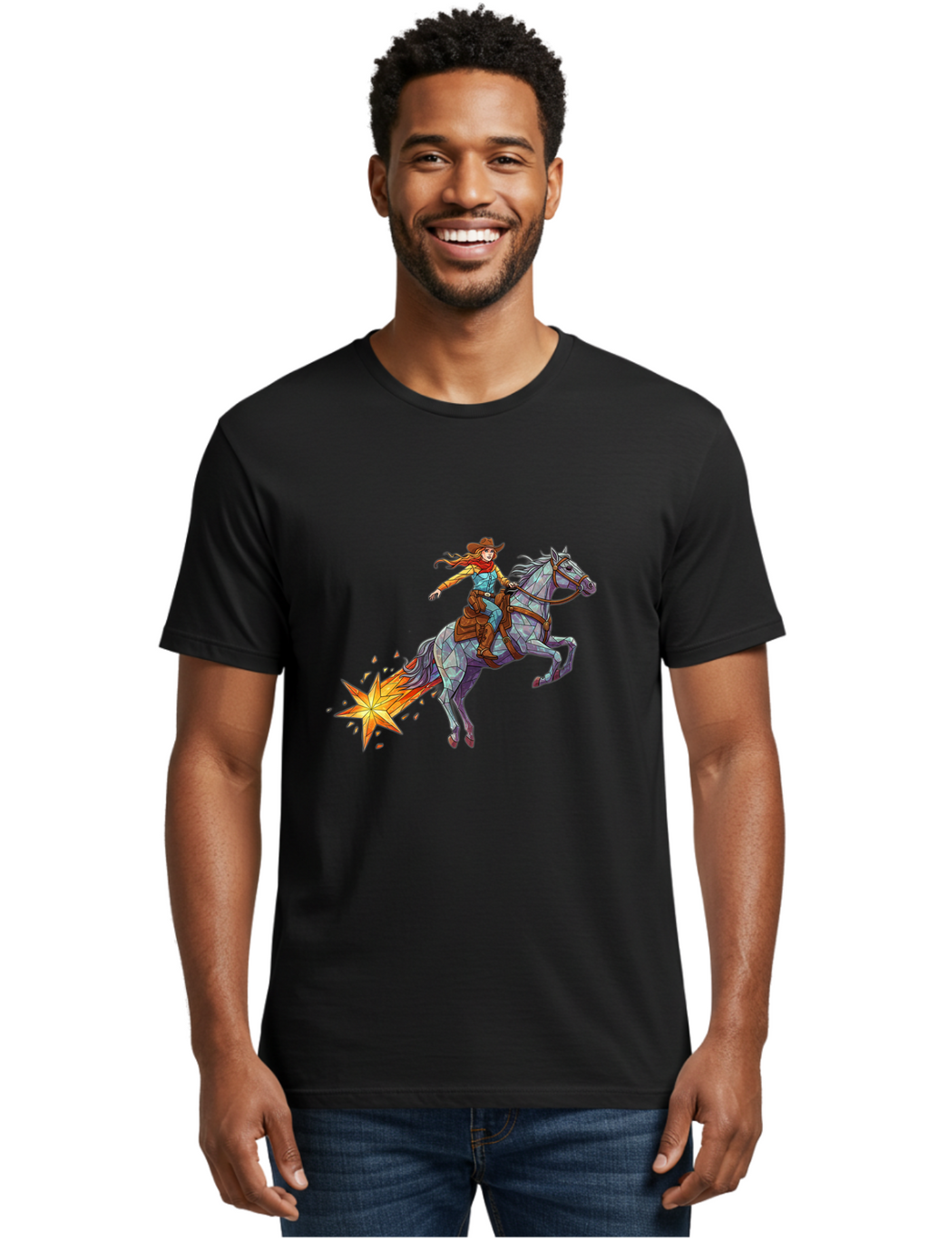 Cowgirl-On-Polygonal-Horse Men'S Graphic Tee, 100% Cotton, Comfortable Casual Summer Wear, Machine Washable, Vintage Camera, Old Camera, Antique Camera, Black Camera, Classic Photography, Photography Equipment, Nostalgic Device, Film Camera, Bam119