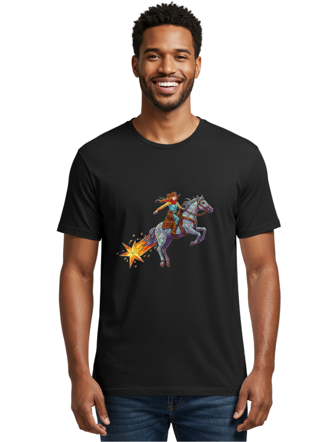 Cowgirl-On-Polygonal-Horse Men'S Graphic Tee, 100% Cotton, Comfortable Casual Summer Wear, Machine Washable, Vintage Camera, Old Camera, Antique Camera, Black Camera, Classic Photography, Photography Equipment, Nostalgic Device, Film Camera, Bam119