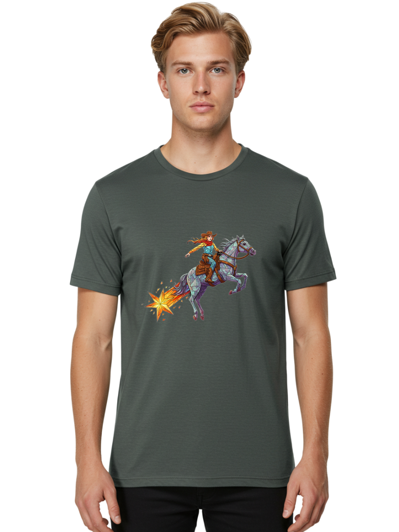 Cowgirl-On-Polygonal-Horse Men'S Graphic Tee, 100% Cotton, Comfortable Casual Summer Wear, Machine Washable, Vintage Camera, Old Camera, Antique Camera, Black Camera, Classic Photography, Photography Equipment, Nostalgic Device, Film Camera, Bam119