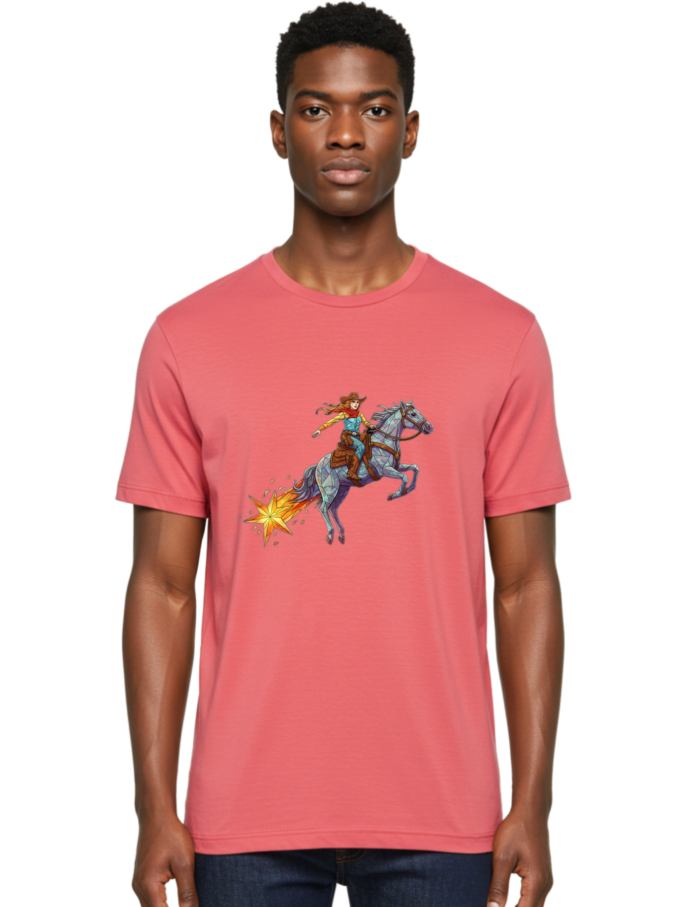 Cowgirl-On-Polygonal-Horse Men'S Graphic Tee, 100% Cotton, Comfortable Casual Summer Wear, Machine Washable, Vintage Camera, Old Camera, Antique Camera, Black Camera, Classic Photography, Photography Equipment, Nostalgic Device, Film Camera, Bam119