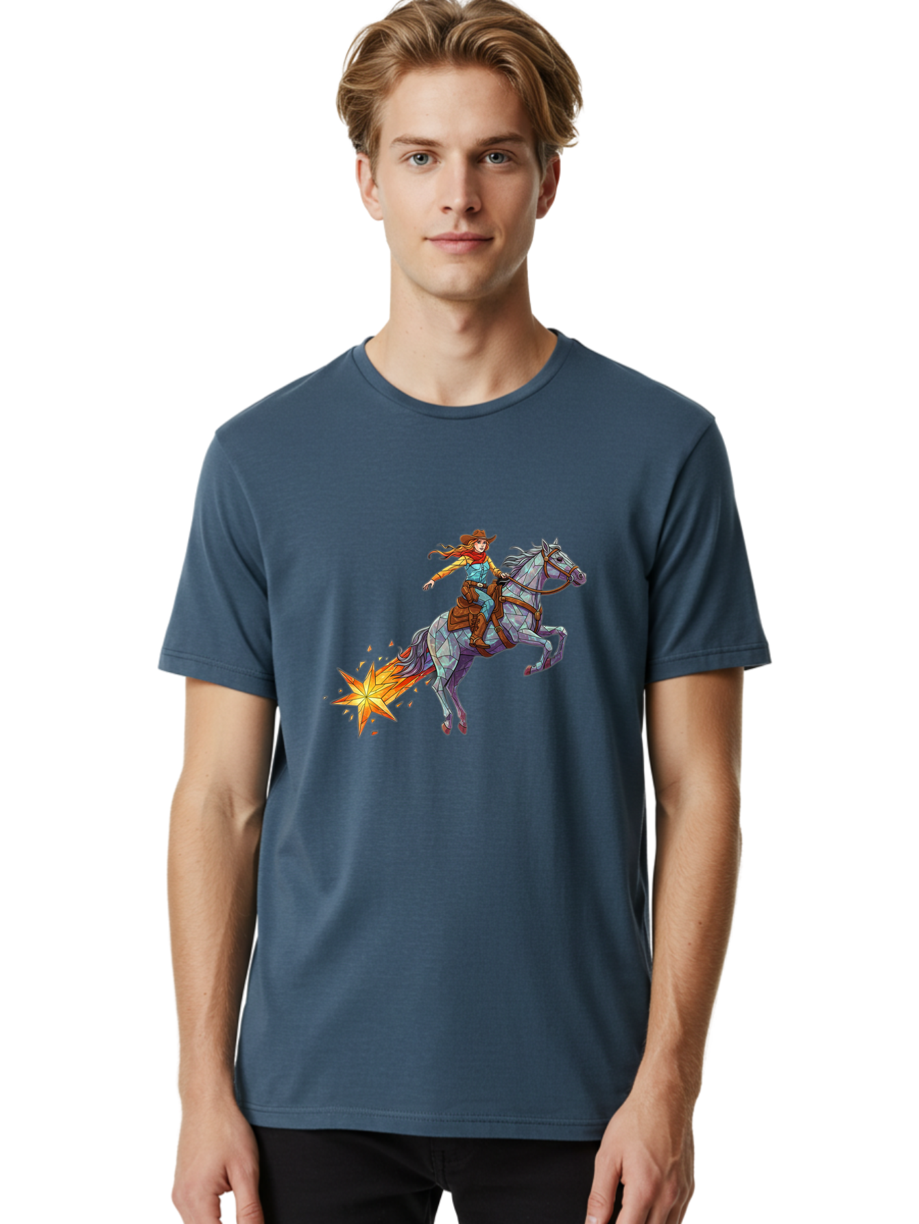 Cowgirl-On-Polygonal-Horse Men'S Graphic Tee, 100% Cotton, Comfortable Casual Summer Wear, Machine Washable, Vintage Camera, Old Camera, Antique Camera, Black Camera, Classic Photography, Photography Equipment, Nostalgic Device, Film Camera, Bam119