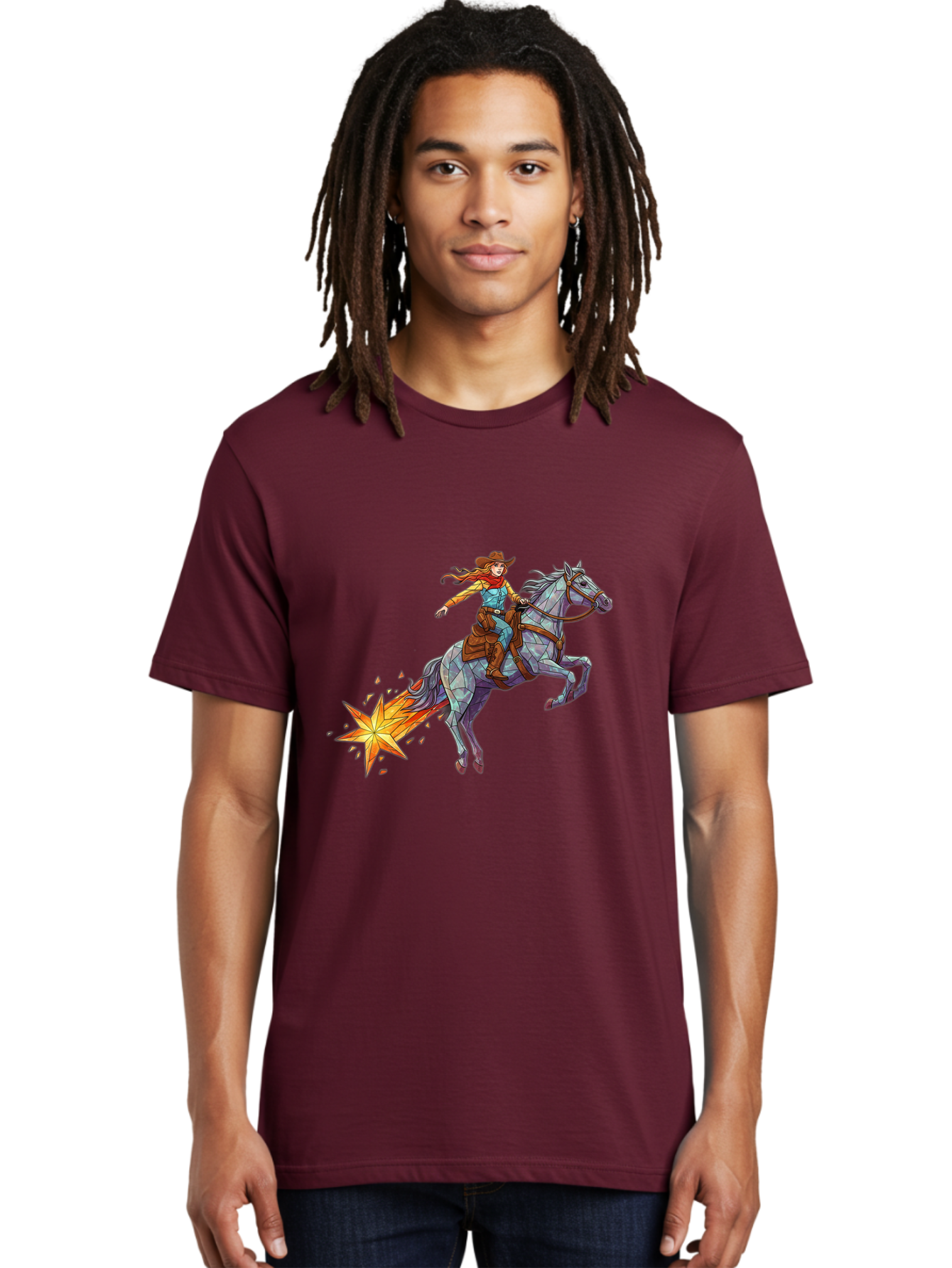Cowgirl-On-Polygonal-Horse Men'S Graphic Tee, 100% Cotton, Comfortable Casual Summer Wear, Machine Washable, Vintage Camera, Old Camera, Antique Camera, Black Camera, Classic Photography, Photography Equipment, Nostalgic Device, Film Camera, Bam119