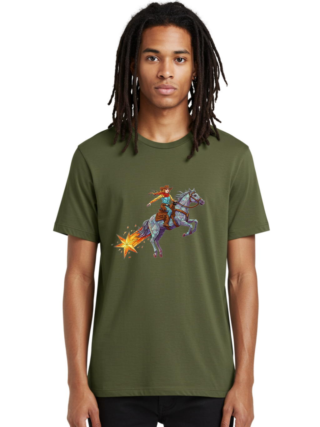 Cowgirl-On-Polygonal-Horse Men'S Graphic Tee, 100% Cotton, Comfortable Casual Summer Wear, Machine Washable, Vintage Camera, Old Camera, Antique Camera, Black Camera, Classic Photography, Photography Equipment, Nostalgic Device, Film Camera, Bam119