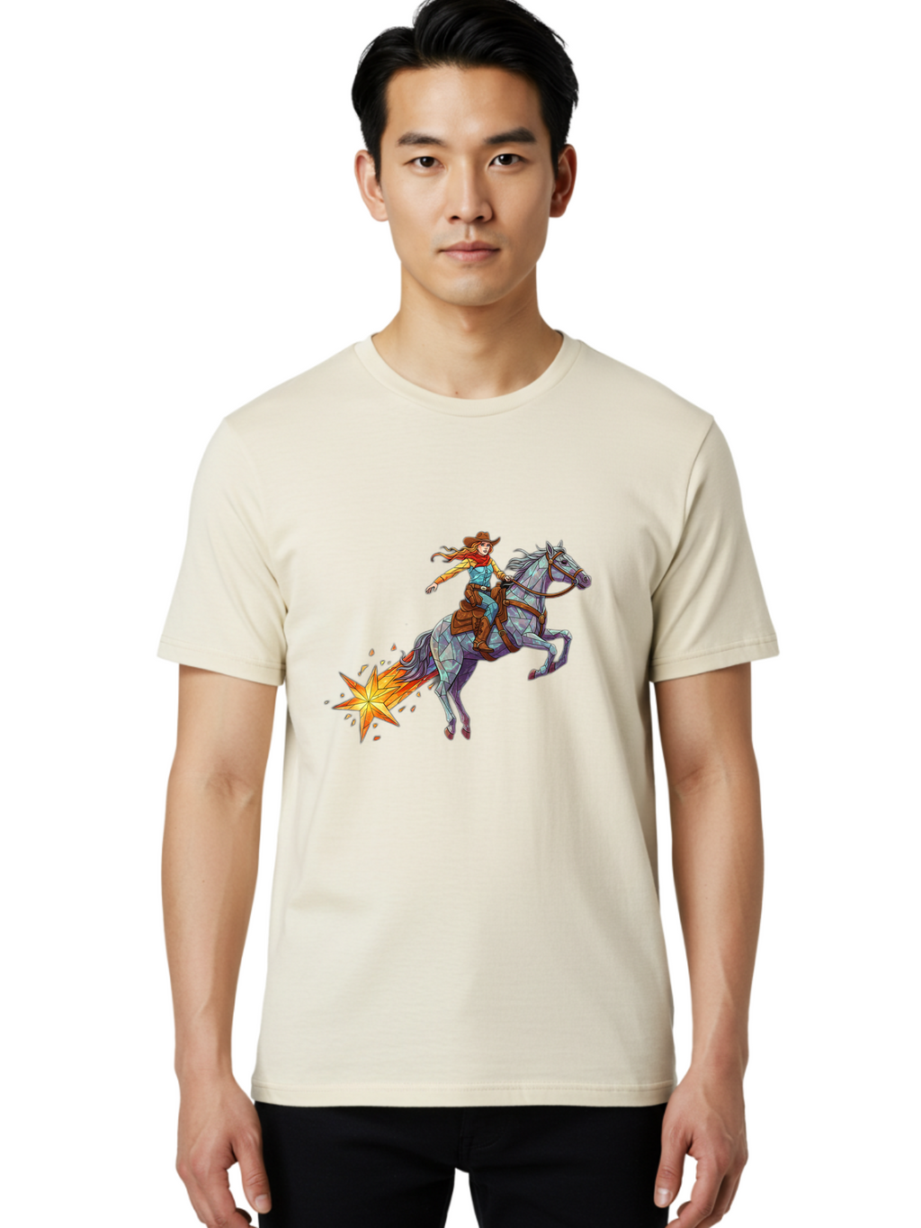 Cowgirl-On-Polygonal-Horse Men'S Graphic Tee, 100% Cotton, Comfortable Casual Summer Wear, Machine Washable, Vintage Camera, Old Camera, Antique Camera, Black Camera, Classic Photography, Photography Equipment, Nostalgic Device, Film Camera, Bam119