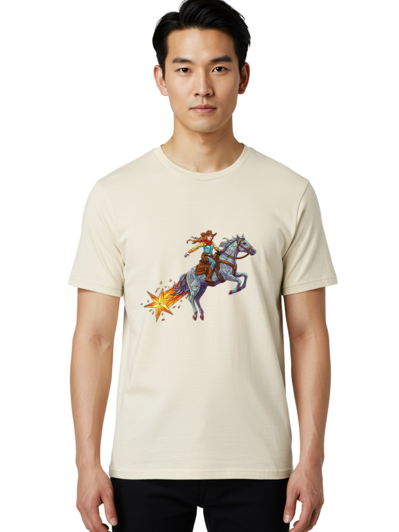 Cowgirl-On-Polygonal-Horse Men'S Graphic Tee, 100% Cotton, Comfortable Casual Summer Wear, Machine Washable, Vintage Camera, Old Camera, Antique Camera, Black Camera, Classic Photography, Photography Equipment, Nostalgic Device, Film Camera, Bam119