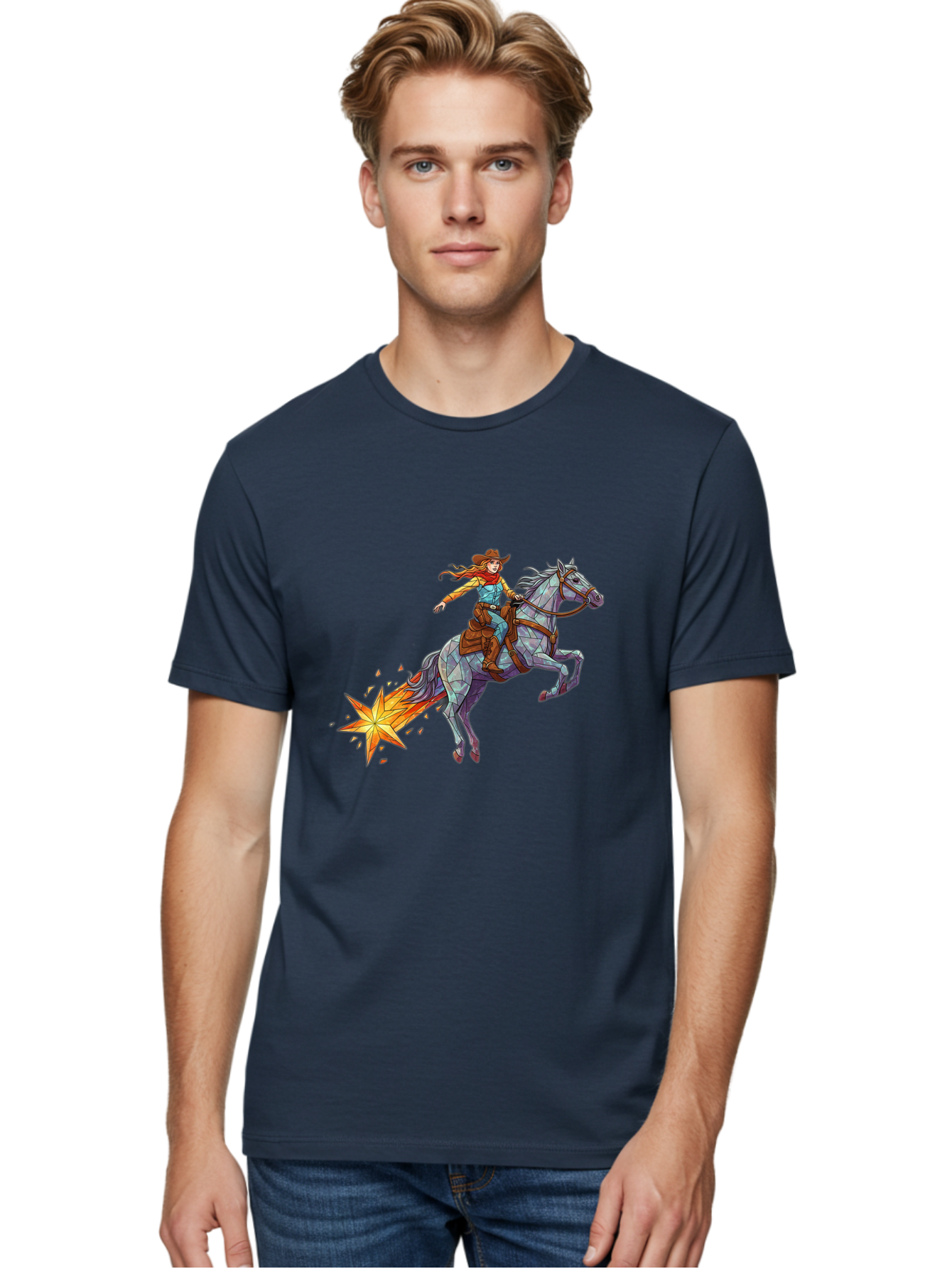 Cowgirl-On-Polygonal-Horse Men'S Graphic Tee, 100% Cotton, Comfortable Casual Summer Wear, Machine Washable, Vintage Camera, Old Camera, Antique Camera, Black Camera, Classic Photography, Photography Equipment, Nostalgic Device, Film Camera, Bam119