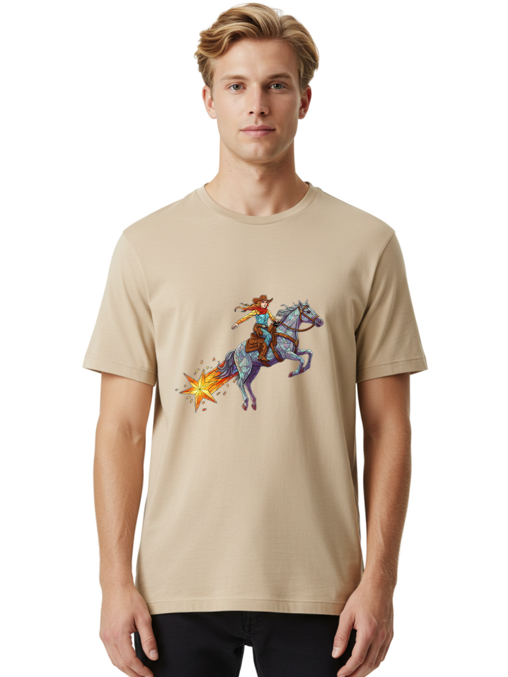 Cowgirl-On-Polygonal-Horse Men'S Graphic Tee, 100% Cotton, Comfortable Casual Summer Wear, Machine Washable, Vintage Camera, Old Camera, Antique Camera, Black Camera, Classic Photography, Photography Equipment, Nostalgic Device, Film Camera, Bam119