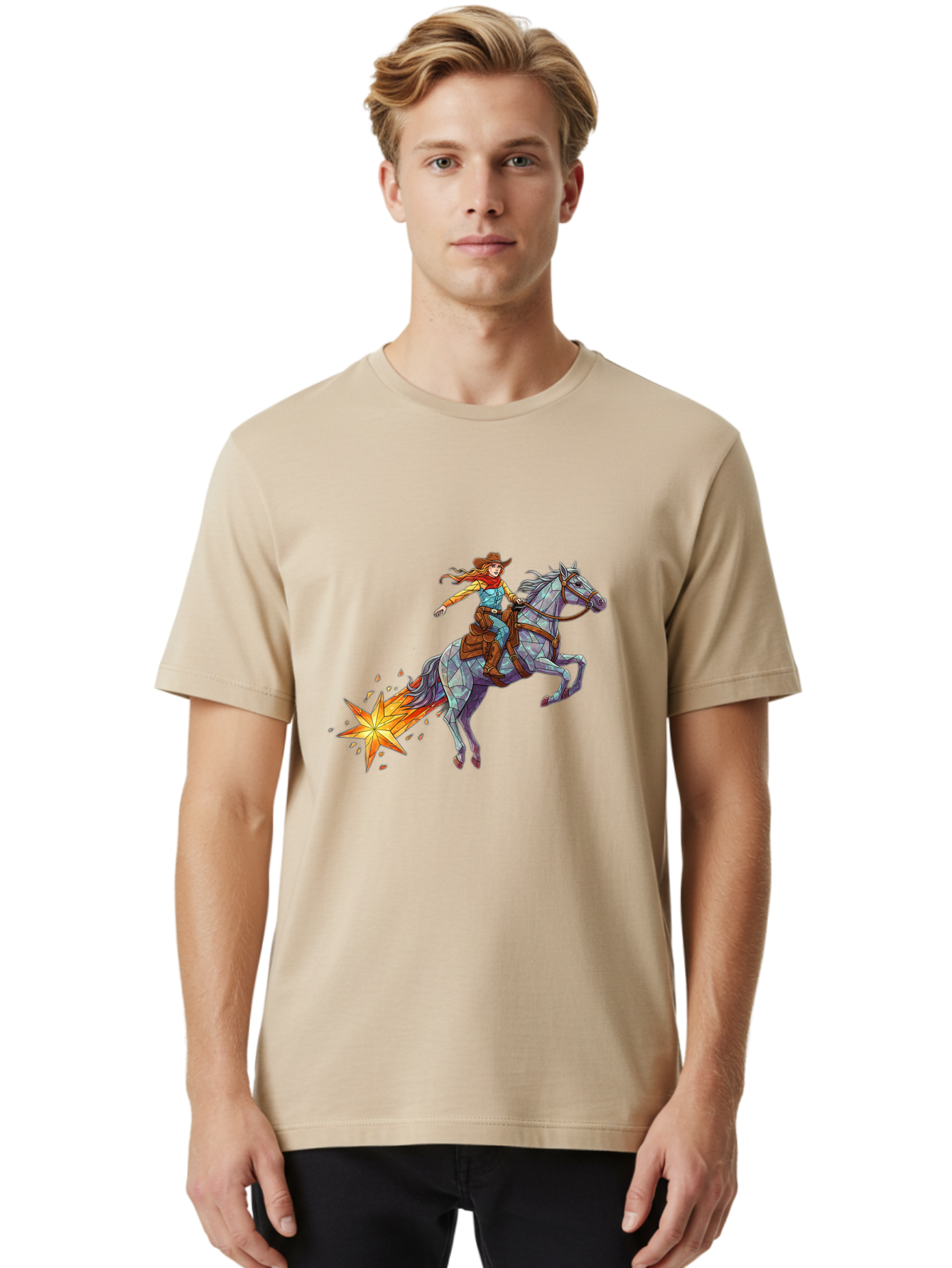 Cowgirl-On-Polygonal-Horse Men'S Graphic Tee, 100% Cotton, Comfortable Casual Summer Wear, Machine Washable, Vintage Camera, Old Camera, Antique Camera, Black Camera, Classic Photography, Photography Equipment, Nostalgic Device, Film Camera, Bam119