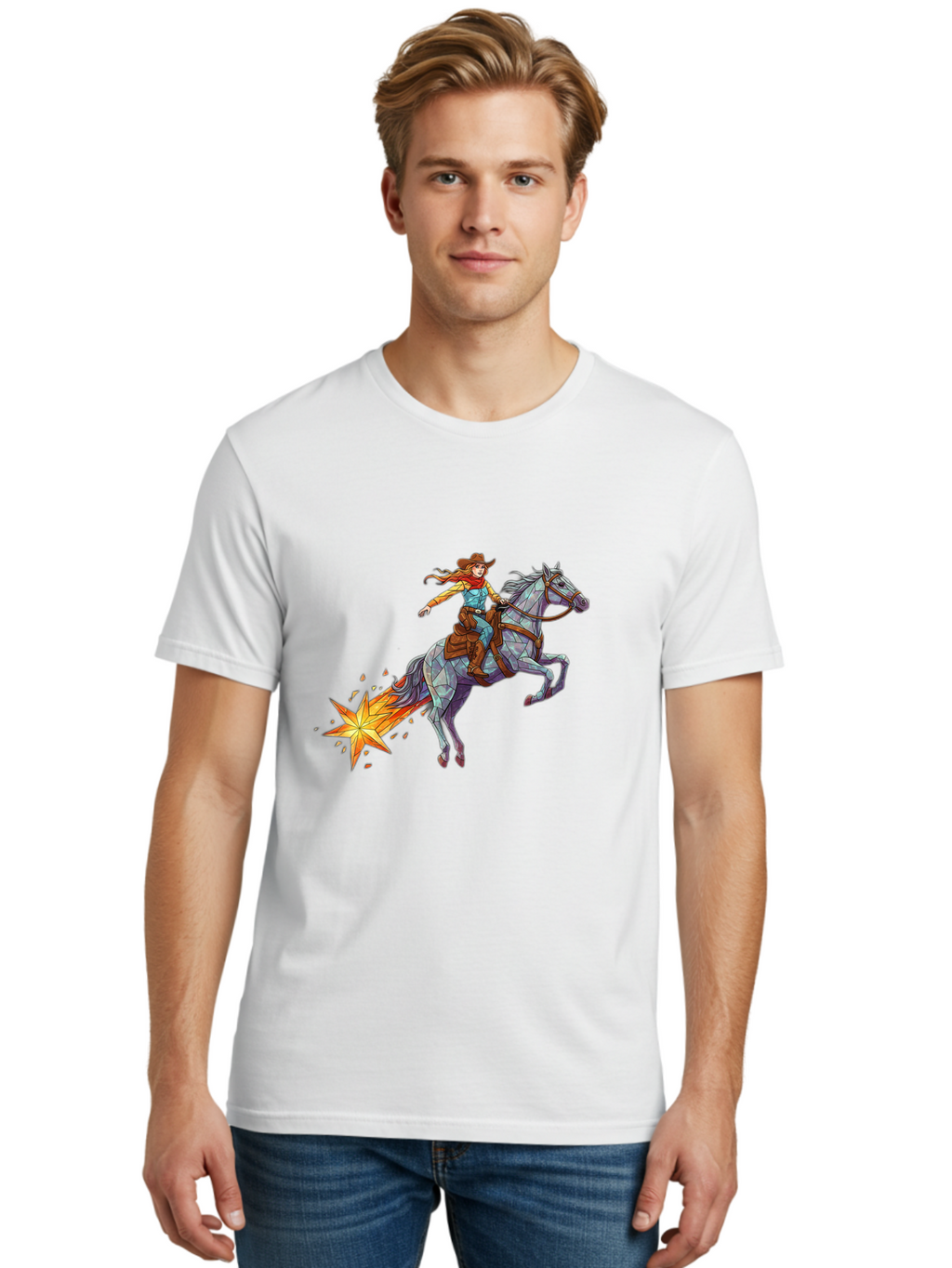 Cowgirl-On-Polygonal-Horse Men'S Graphic Tee, 100% Cotton, Comfortable Casual Summer Wear, Machine Washable, Vintage Camera, Old Camera, Antique Camera, Black Camera, Classic Photography, Photography Equipment, Nostalgic Device, Film Camera, Bam119