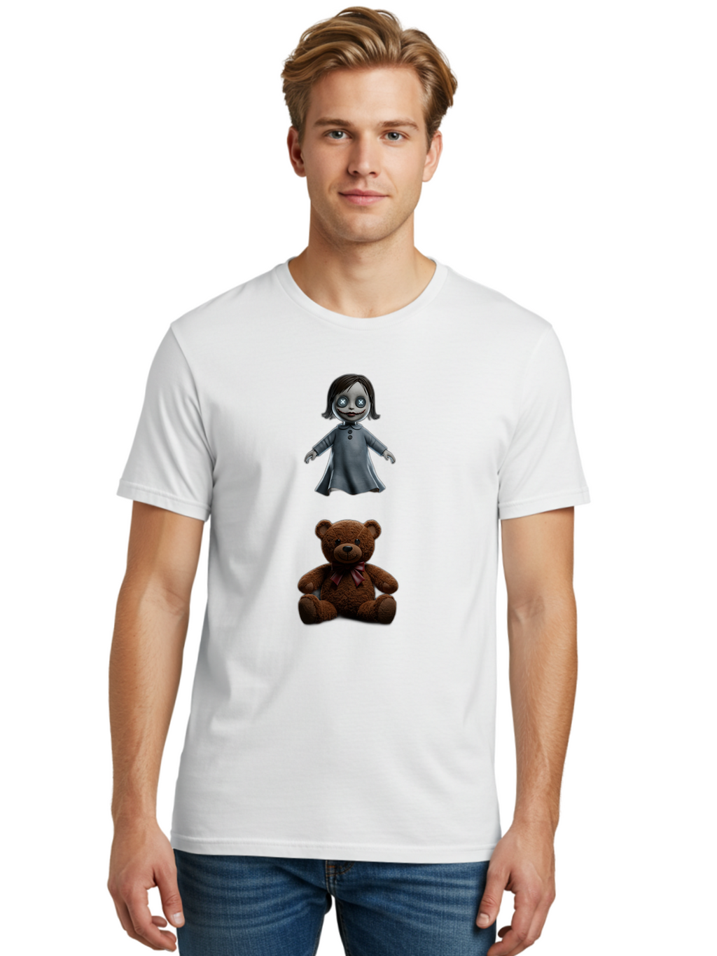 Creepy-Girl-And-Teddy-Bear Men'S Graphic Tee, 100% Cotton, Comfortable Casual Summer Wear, Machine Washable, Vintage Camera, Old Camera, Antique Camera, Black Camera, Classic Photography, Photography Equipment, Nostalgic Device, Film Camera, Bam132