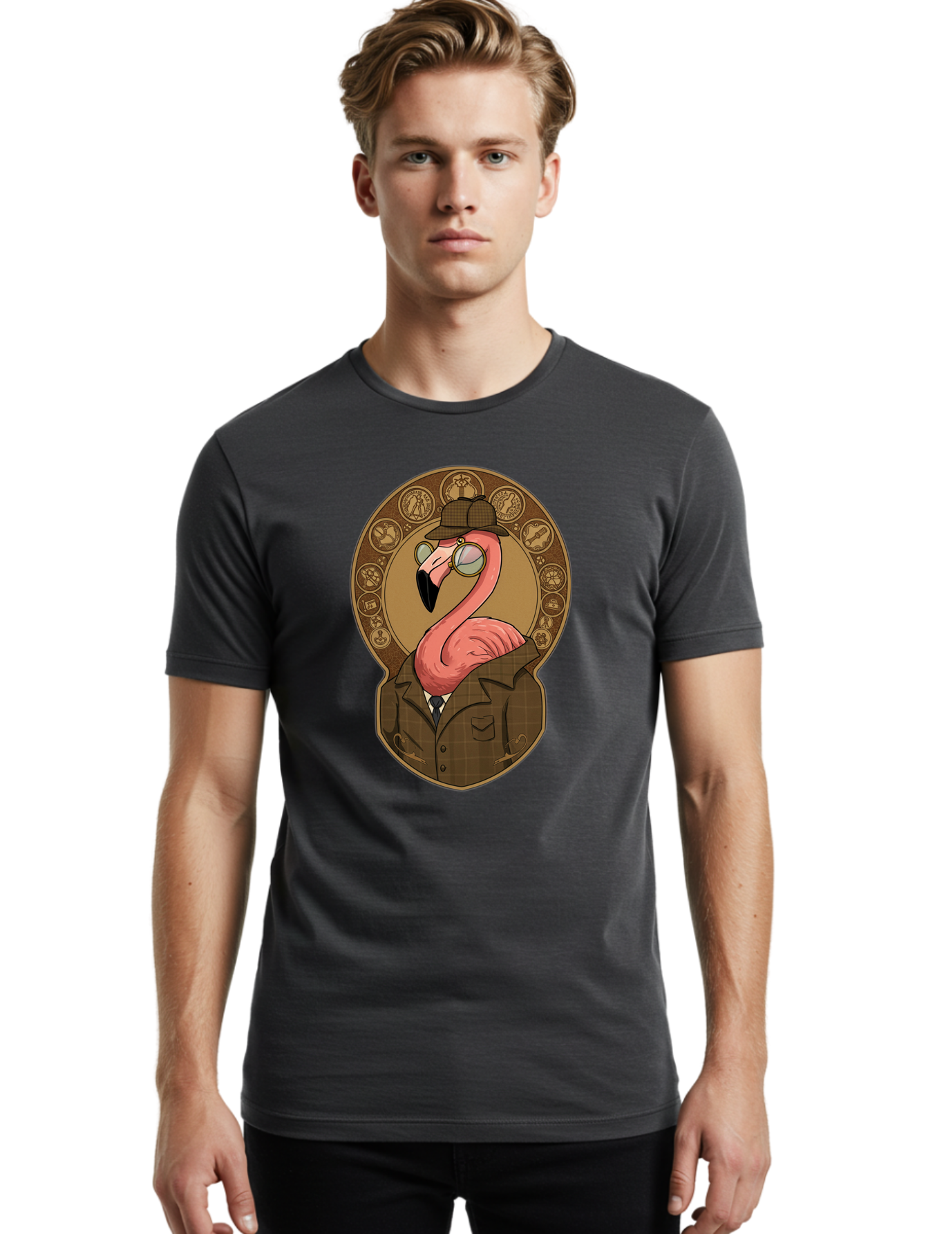 Detective-Flamingo Men'S Graphic Tee, 100% Cotton, Comfortable Casual Summer Wear, Machine Washable, Vintage Camera, Old Camera, Antique Camera, Black Camera, Classic Photography, Photography Equipment, Nostalgic Device, Film Camera, Bam254