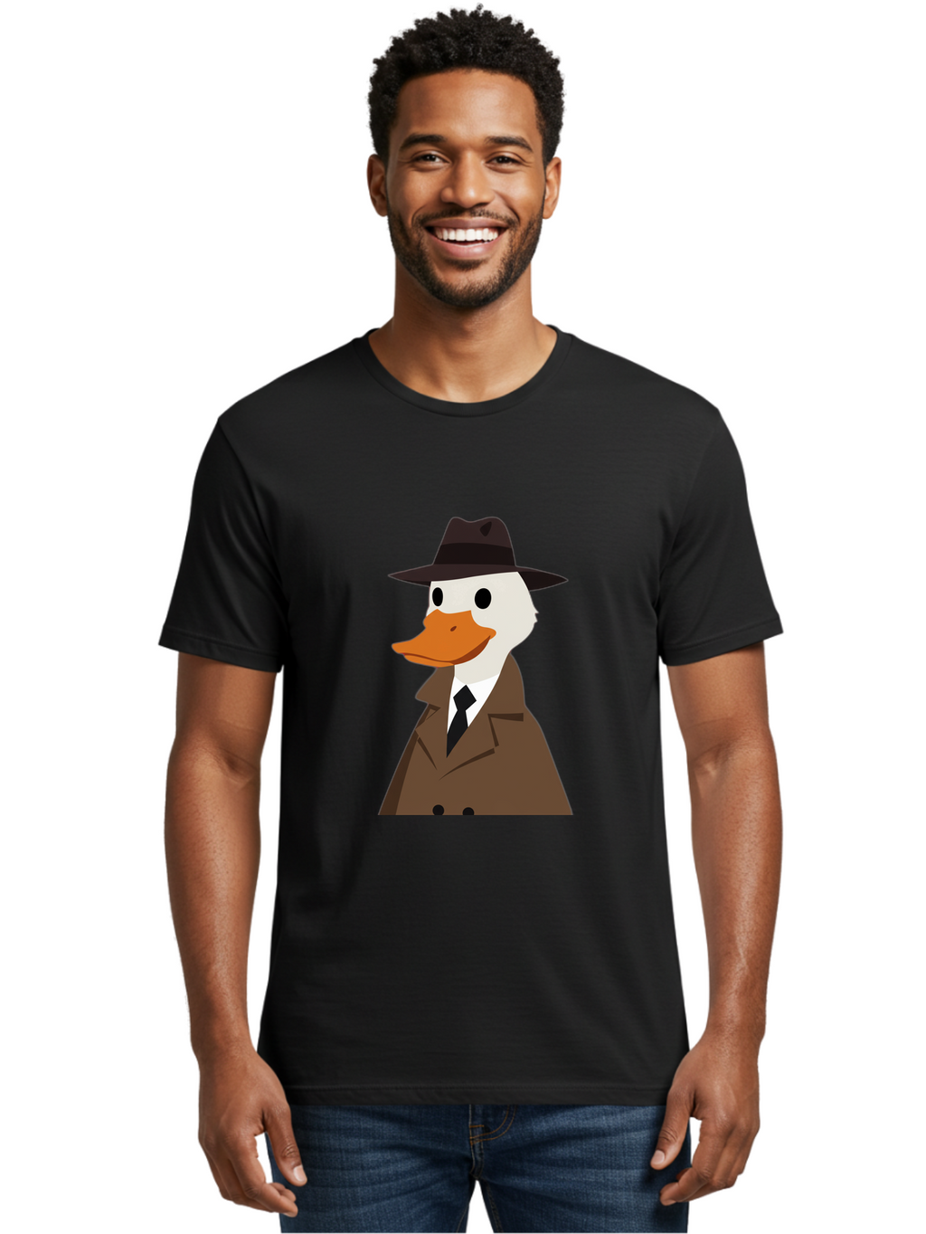 Duck-In-Trench-Coat-And-Fedora Men'S Graphic Tee, 100% Cotton, Comfortable Casual Summer Wear, Machine Washable, Vintage Camera, Old Camera, Antique Camera, Black Camera, Classic Photography, Photography Equipment, Nostalgic Device, Bam347