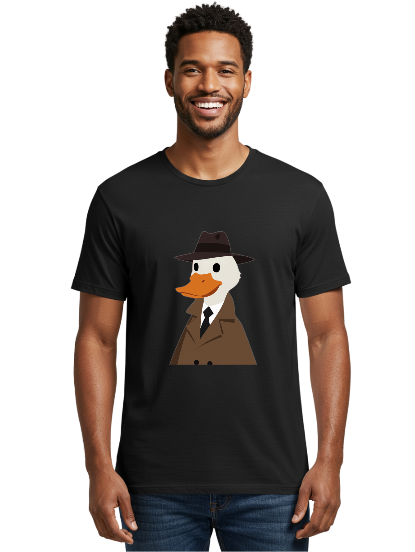 Duck-In-Trench-Coat-And-Fedora Men'S Graphic Tee, 100% Cotton, Comfortable Casual Summer Wear, Machine Washable, Vintage Camera, Old Camera, Antique Camera, Black Camera, Classic Photography, Photography Equipment, Nostalgic Device, Bam347
