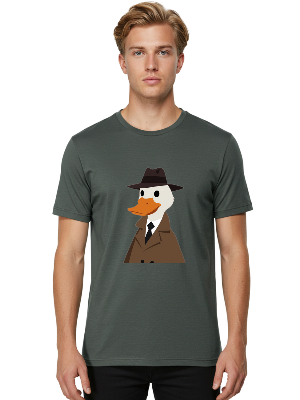 Duck-In-Trench-Coat-And-Fedora Men'S Graphic Tee, 100% Cotton, Comfortable Casual Summer Wear, Machine Washable, Vintage Camera, Old Camera, Antique Camera, Black Camera, Classic Photography, Photography Equipment, Nostalgic Device, Bam347