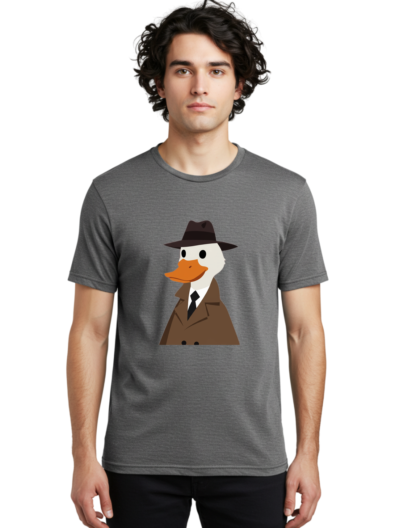 Duck-In-Trench-Coat-And-Fedora Men'S Graphic Tee, 100% Cotton, Comfortable Casual Summer Wear, Machine Washable, Vintage Camera, Old Camera, Antique Camera, Black Camera, Classic Photography, Photography Equipment, Nostalgic Device, Bam347