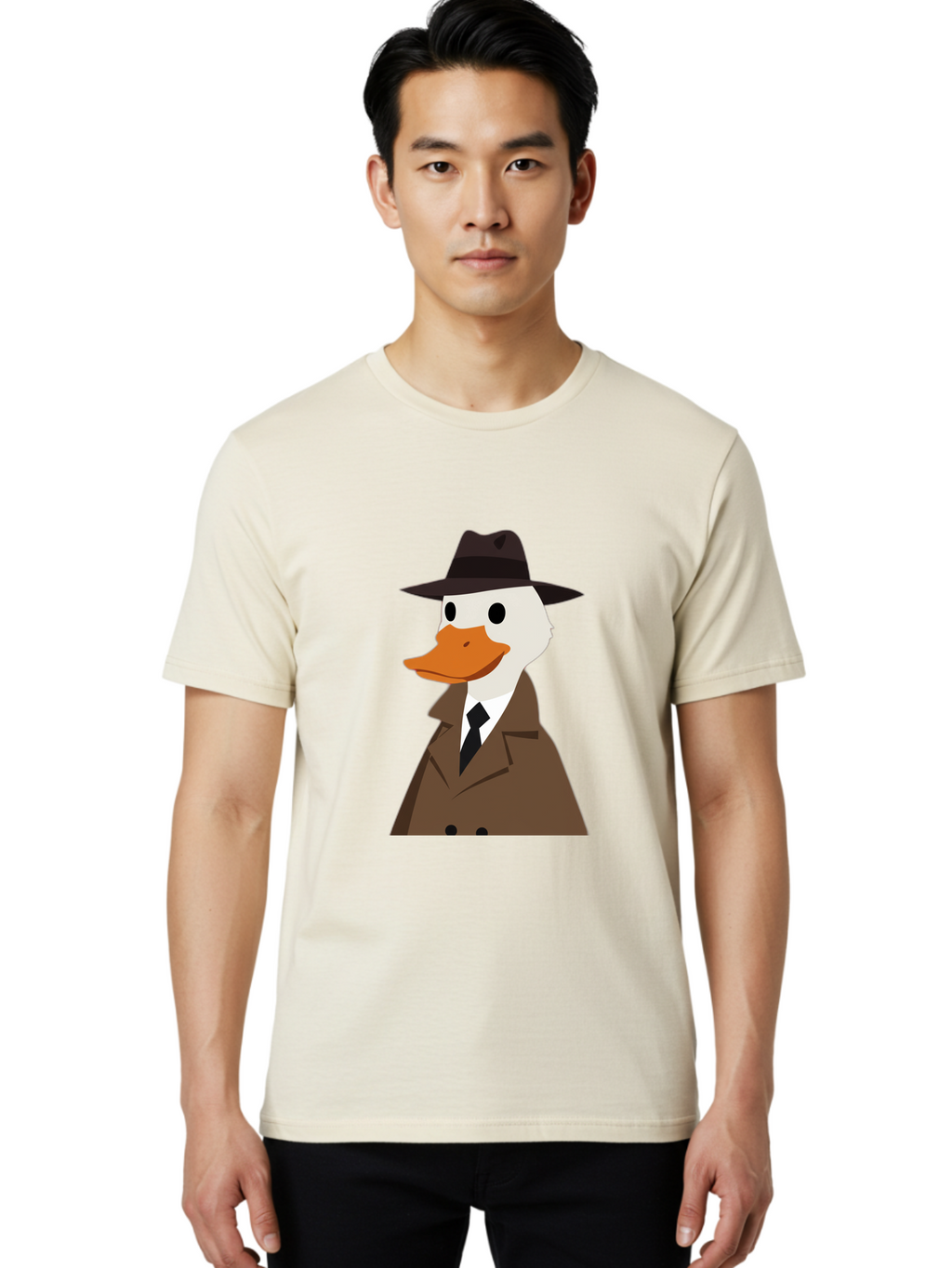 Duck-In-Trench-Coat-And-Fedora Men'S Graphic Tee, 100% Cotton, Comfortable Casual Summer Wear, Machine Washable, Vintage Camera, Old Camera, Antique Camera, Black Camera, Classic Photography, Photography Equipment, Nostalgic Device, Bam347