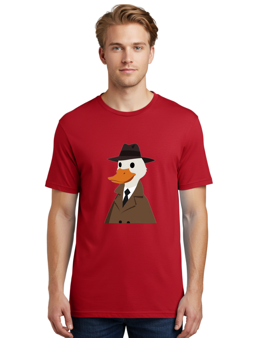 Duck-In-Trench-Coat-And-Fedora Men'S Graphic Tee, 100% Cotton, Comfortable Casual Summer Wear, Machine Washable, Vintage Camera, Old Camera, Antique Camera, Black Camera, Classic Photography, Photography Equipment, Nostalgic Device, Bam347