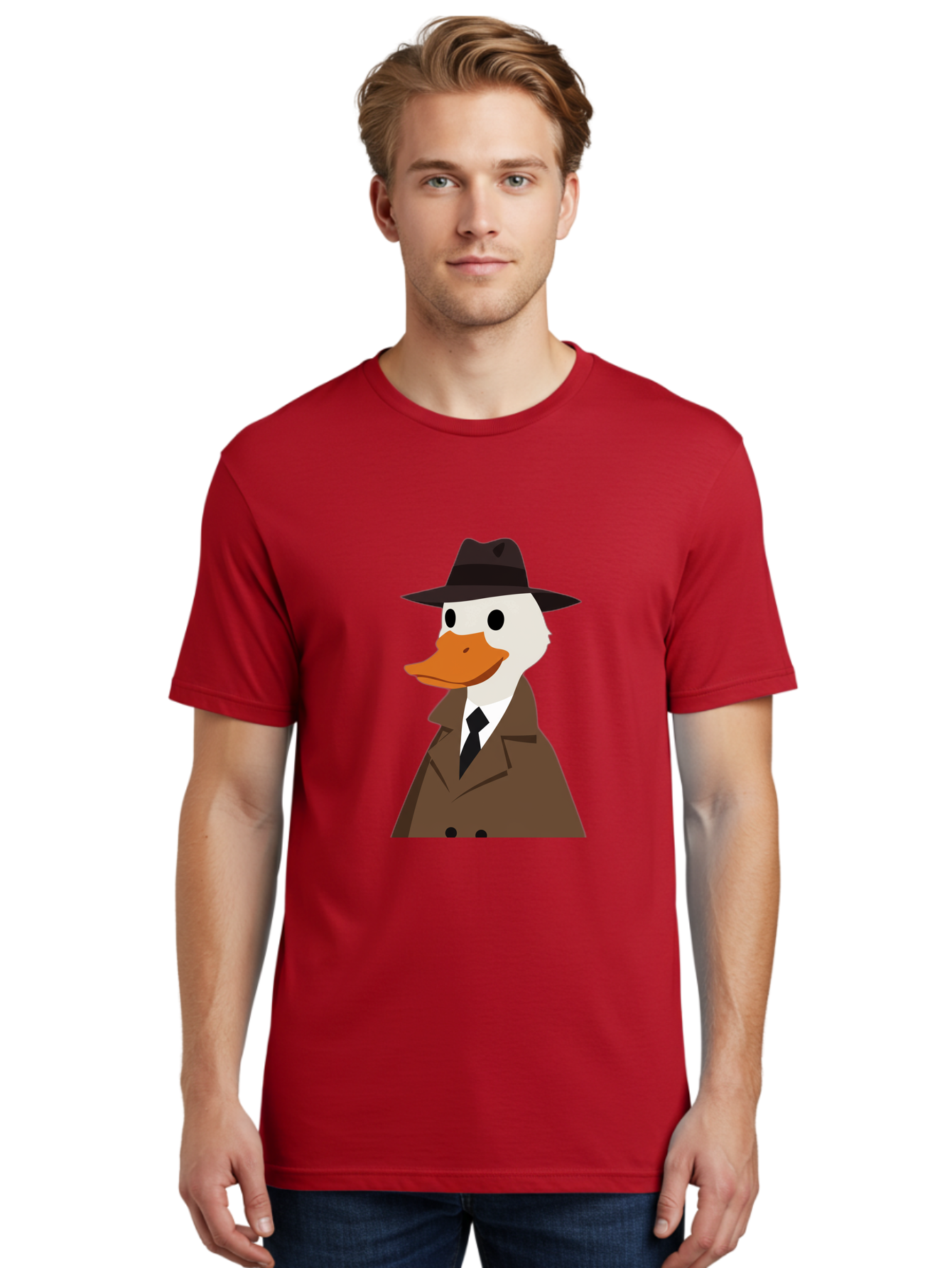 Duck-In-Trench-Coat-And-Fedora Men'S Graphic Tee, 100% Cotton, Comfortable Casual Summer Wear, Machine Washable, Vintage Camera, Old Camera, Antique Camera, Black Camera, Classic Photography, Photography Equipment, Nostalgic Device, Bam347