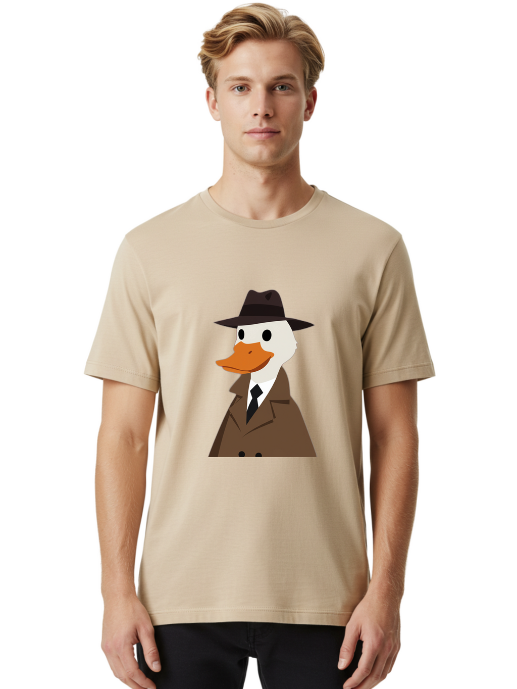 Duck-In-Trench-Coat-And-Fedora Men'S Graphic Tee, 100% Cotton, Comfortable Casual Summer Wear, Machine Washable, Vintage Camera, Old Camera, Antique Camera, Black Camera, Classic Photography, Photography Equipment, Nostalgic Device, Bam347