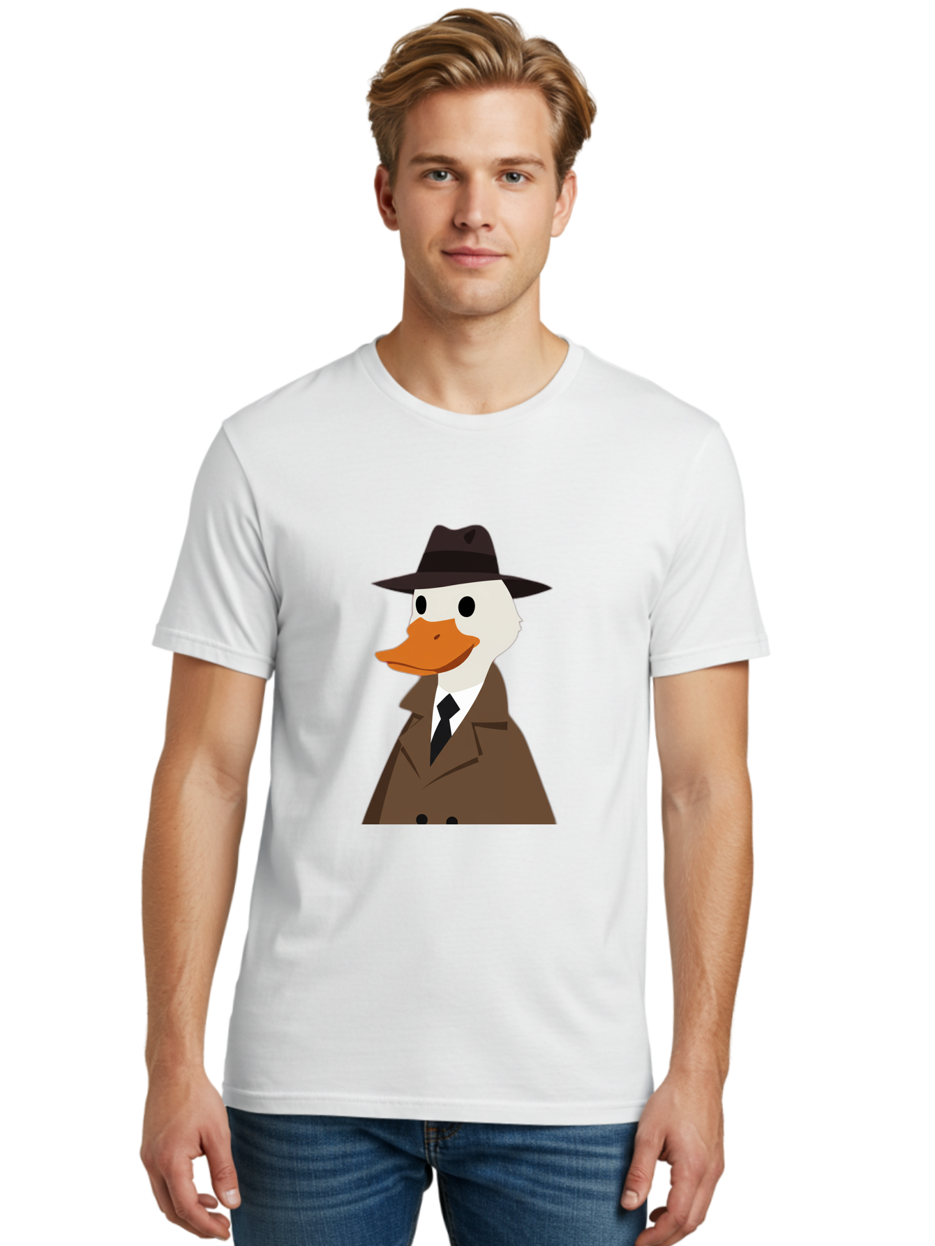 Duck-In-Trench-Coat-And-Fedora Men'S Graphic Tee, 100% Cotton, Comfortable Casual Summer Wear, Machine Washable, Vintage Camera, Old Camera, Antique Camera, Black Camera, Classic Photography, Photography Equipment, Nostalgic Device, Bam347
