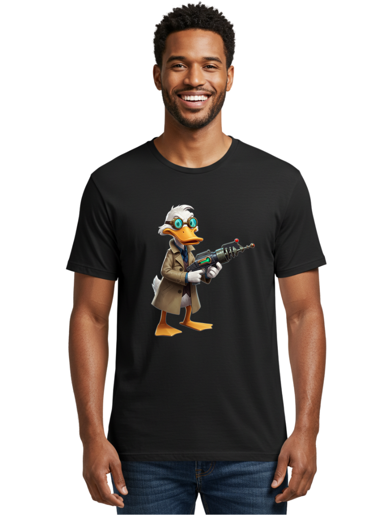 Duck-With-Ray-Gun Men'S Graphic Tee, 100% Cotton, Comfortable Casual Summer Wear, Machine Washable, Vintage Camera, Old Camera, Antique Camera, Black Camera, Classic Photography, Photography Equipment, Nostalgic Device, Film Camera, Camera Art Bam350