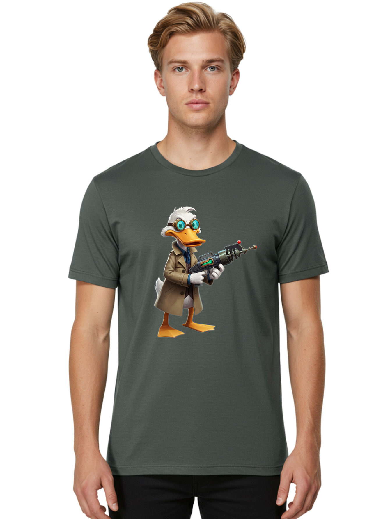 Duck-With-Ray-Gun Men'S Graphic Tee, 100% Cotton, Comfortable Casual Summer Wear, Machine Washable, Vintage Camera, Old Camera, Antique Camera, Black Camera, Classic Photography, Photography Equipment, Nostalgic Device, Film Camera, Camera Art Bam350