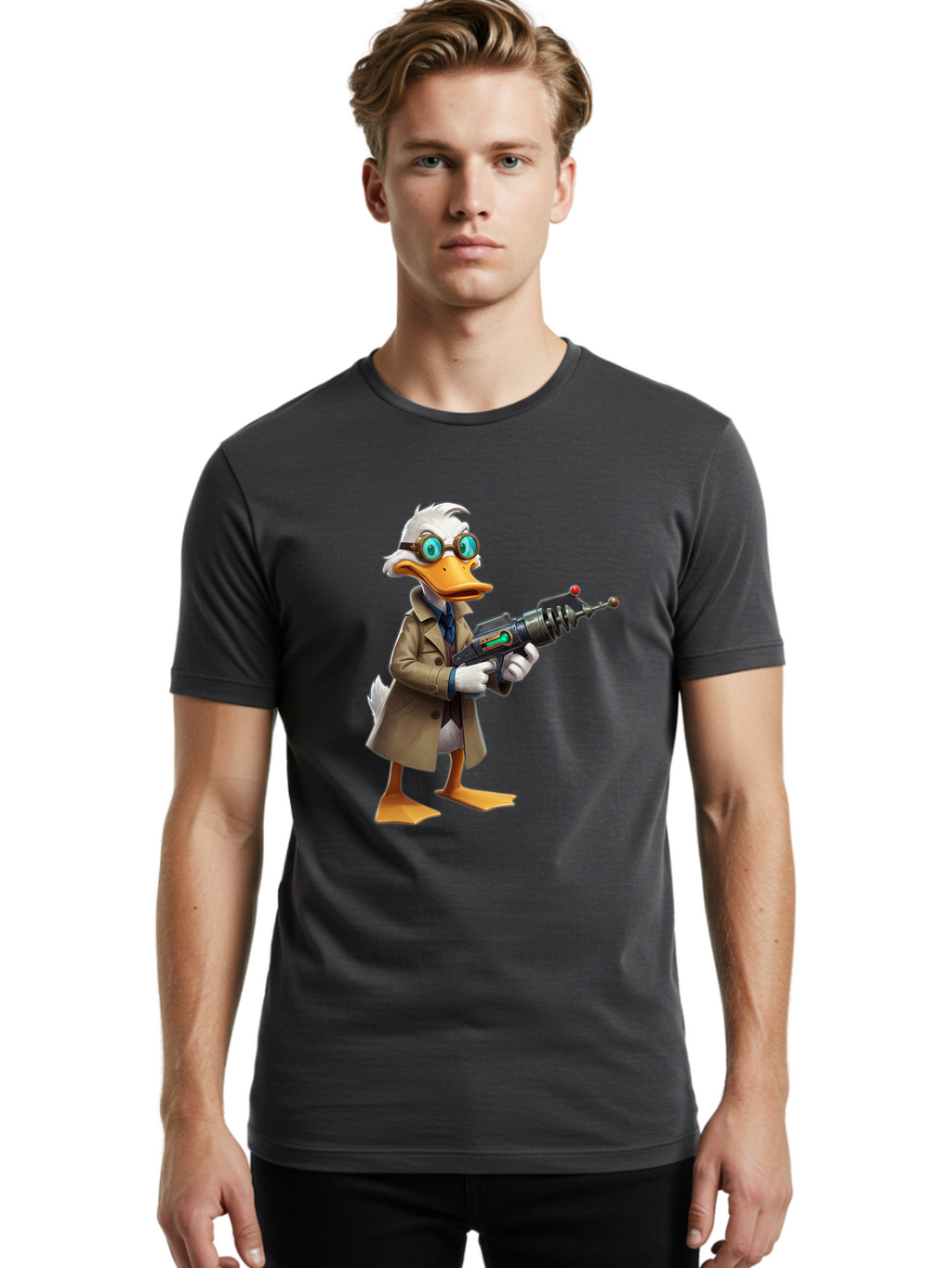 Duck-With-Ray-Gun Men'S Graphic Tee, 100% Cotton, Comfortable Casual Summer Wear, Machine Washable, Vintage Camera, Old Camera, Antique Camera, Black Camera, Classic Photography, Photography Equipment, Nostalgic Device, Film Camera, Camera Art Bam350