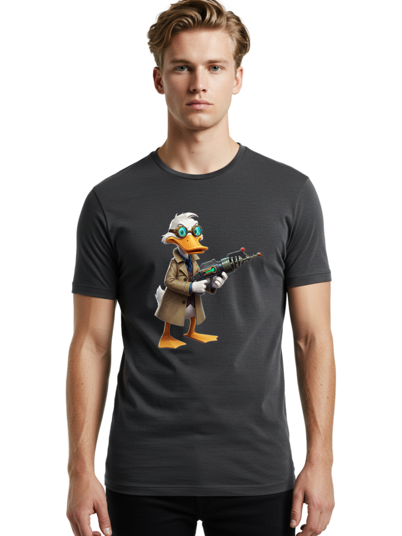 Duck-With-Ray-Gun Men'S Graphic Tee, 100% Cotton, Comfortable Casual Summer Wear, Machine Washable, Vintage Camera, Old Camera, Antique Camera, Black Camera, Classic Photography, Photography Equipment, Nostalgic Device, Film Camera, Camera Art Bam350