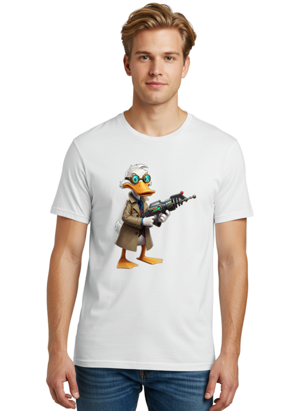 Duck-With-Ray-Gun Men'S Graphic Tee, 100% Cotton, Comfortable Casual Summer Wear, Machine Washable, Vintage Camera, Old Camera, Antique Camera, Black Camera, Classic Photography, Photography Equipment, Nostalgic Device, Film Camera, Camera Art Bam350