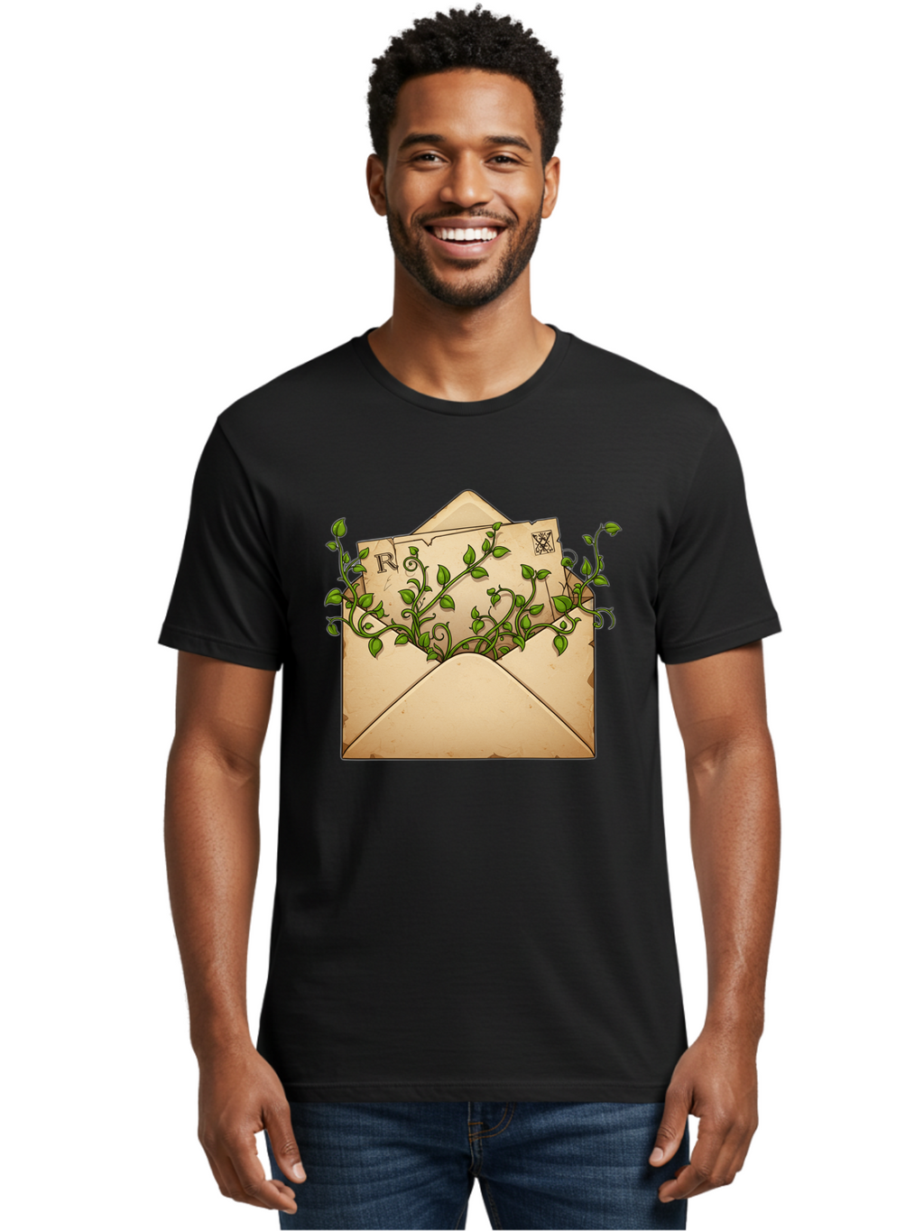 Envelope-With-Vines-And-Letter Men'S Graphic Tee, 100% Cotton, Comfortable Casual Summer Wear, Machine Washable, Vintage Camera, Old Camera, Antique Camera, Black Camera, Classic Photography, Photography Equipment, Nostalgic Device, Bam381