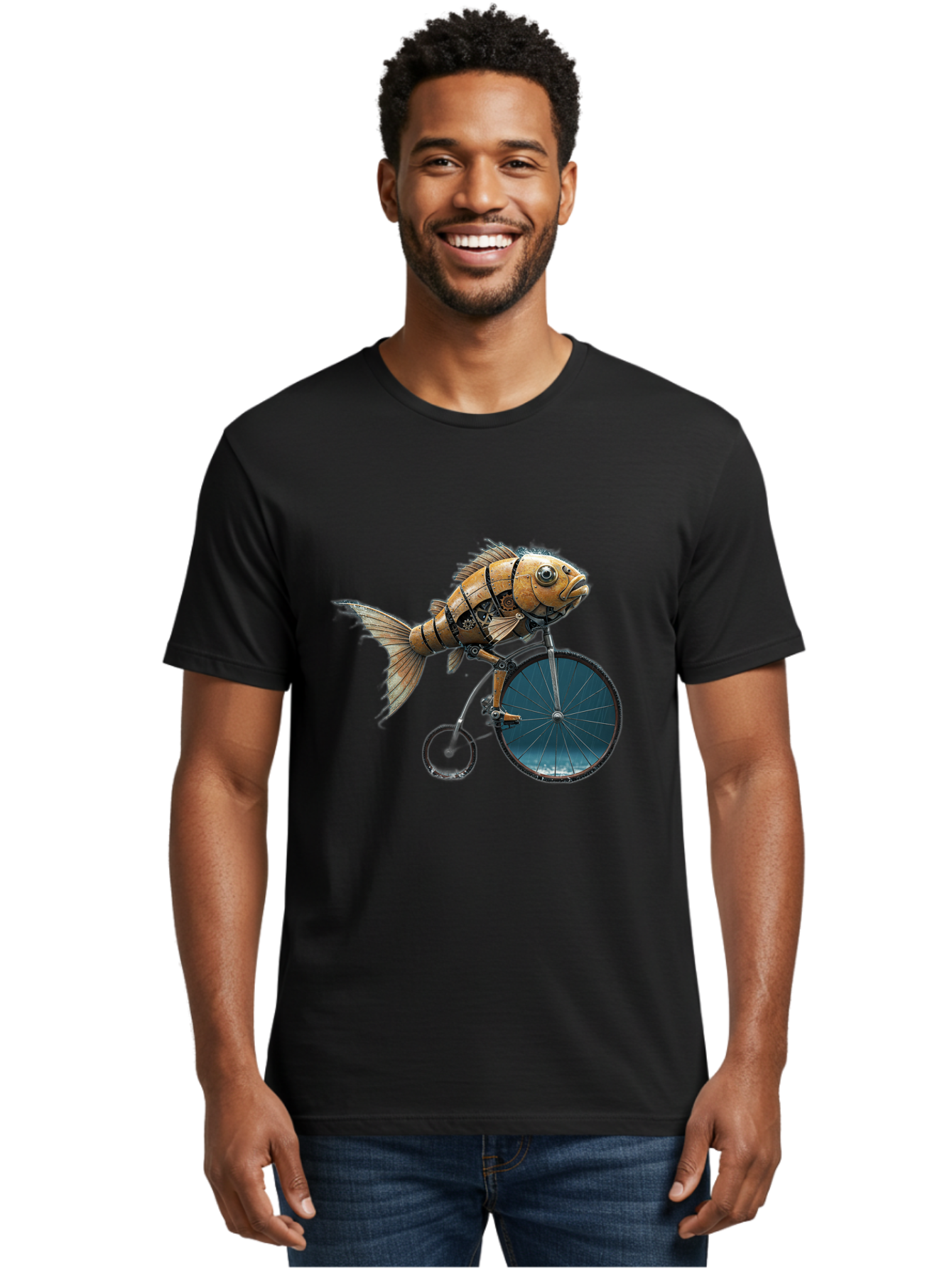 Fish-Riding-Bicycle Men'S Graphic Tee, 100% Cotton, Comfortable Casual Summer Wear, Machine Washable, Vintage Camera, Old Camera, Antique Camera, Black Camera, Classic Photography, Photography Equipment, Nostalgic Device, Film Camera, Bam403