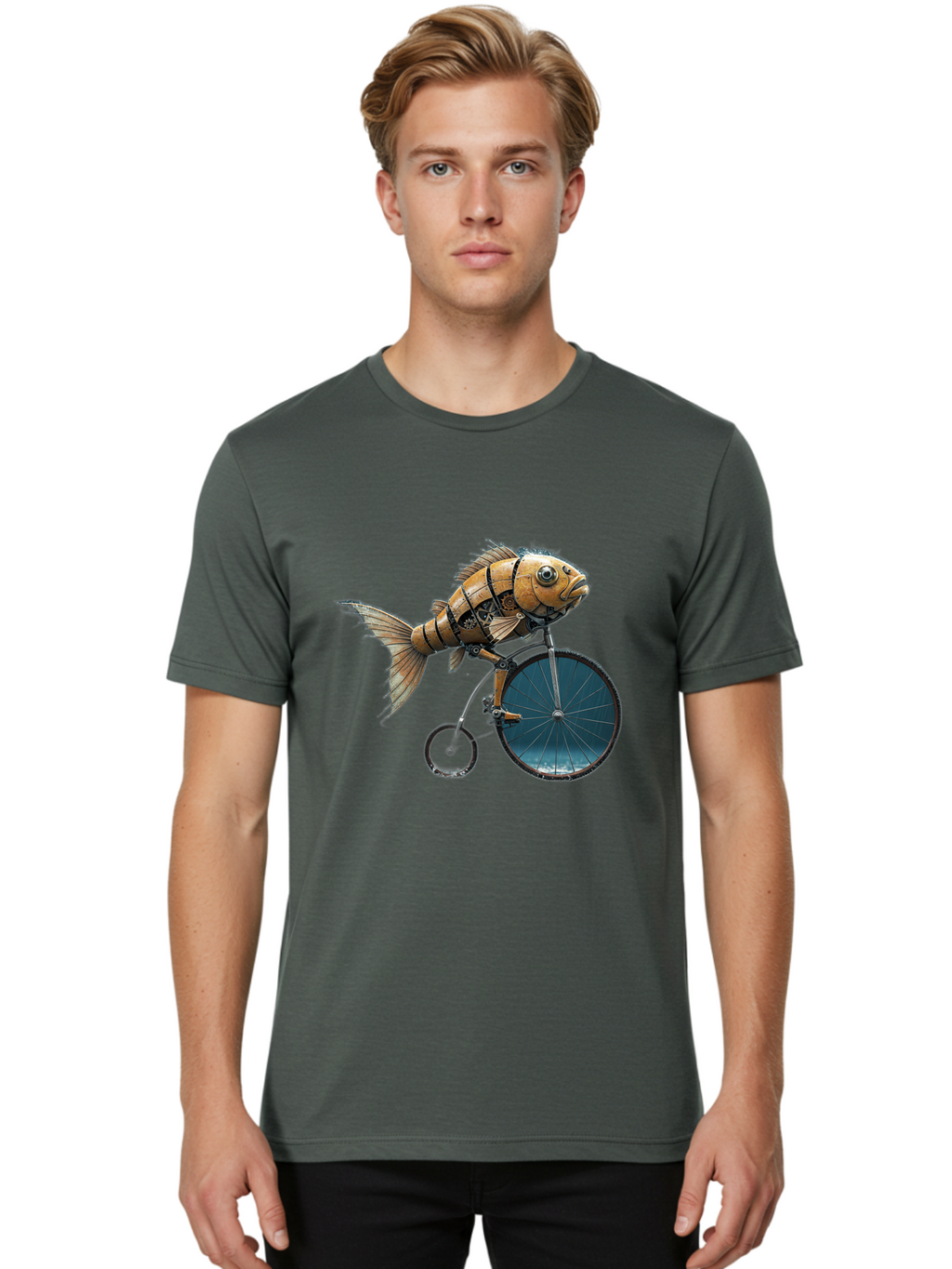 Fish-Riding-Bicycle Men'S Graphic Tee, 100% Cotton, Comfortable Casual Summer Wear, Machine Washable, Vintage Camera, Old Camera, Antique Camera, Black Camera, Classic Photography, Photography Equipment, Nostalgic Device, Film Camera, Bam403