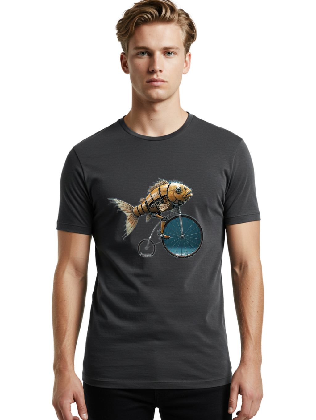 Fish-Riding-Bicycle Men'S Graphic Tee, 100% Cotton, Comfortable Casual Summer Wear, Machine Washable, Vintage Camera, Old Camera, Antique Camera, Black Camera, Classic Photography, Photography Equipment, Nostalgic Device, Film Camera, Bam403