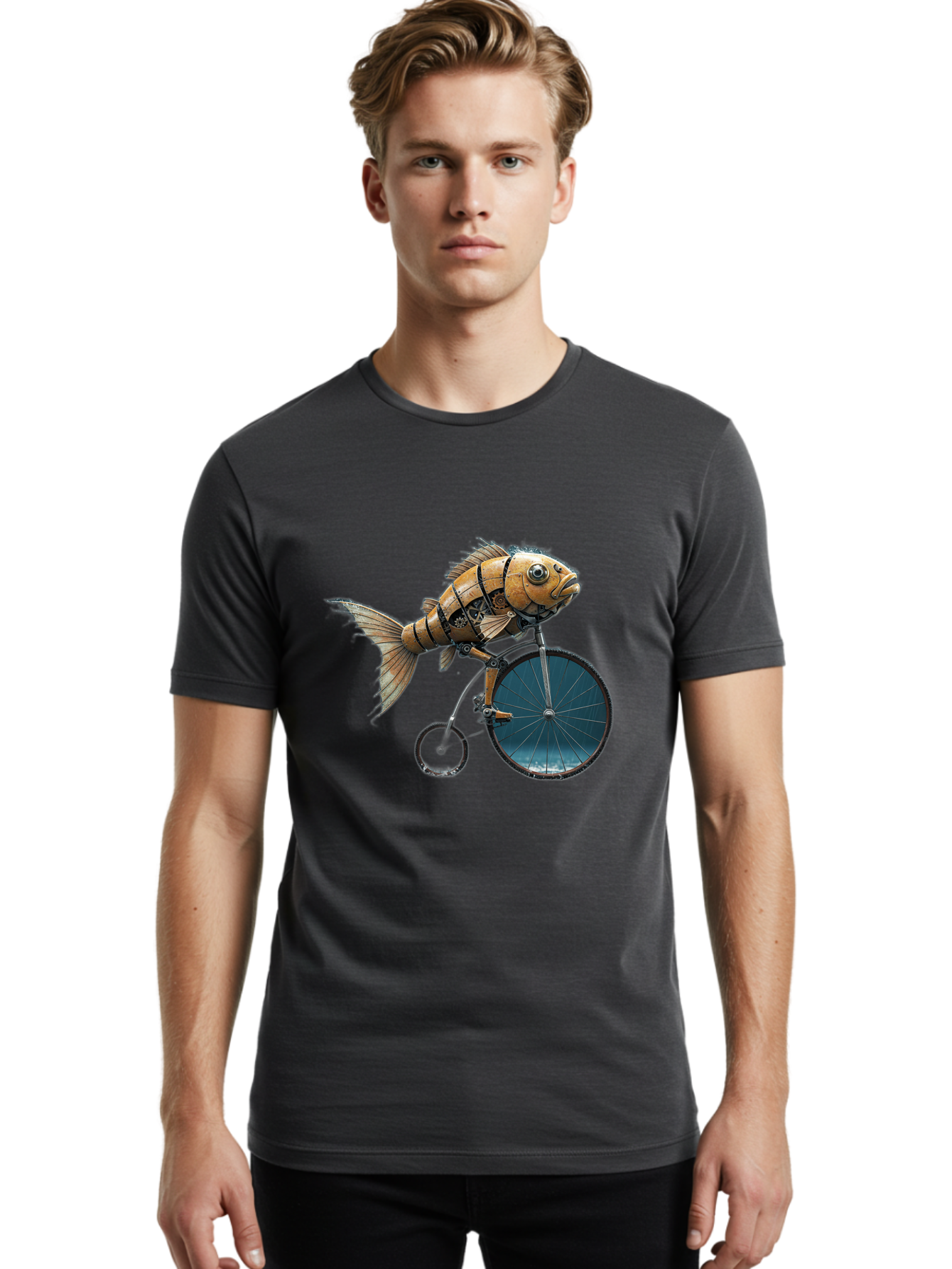 Fish-Riding-Bicycle Men'S Graphic Tee, 100% Cotton, Comfortable Casual Summer Wear, Machine Washable, Vintage Camera, Old Camera, Antique Camera, Black Camera, Classic Photography, Photography Equipment, Nostalgic Device, Film Camera, Bam403