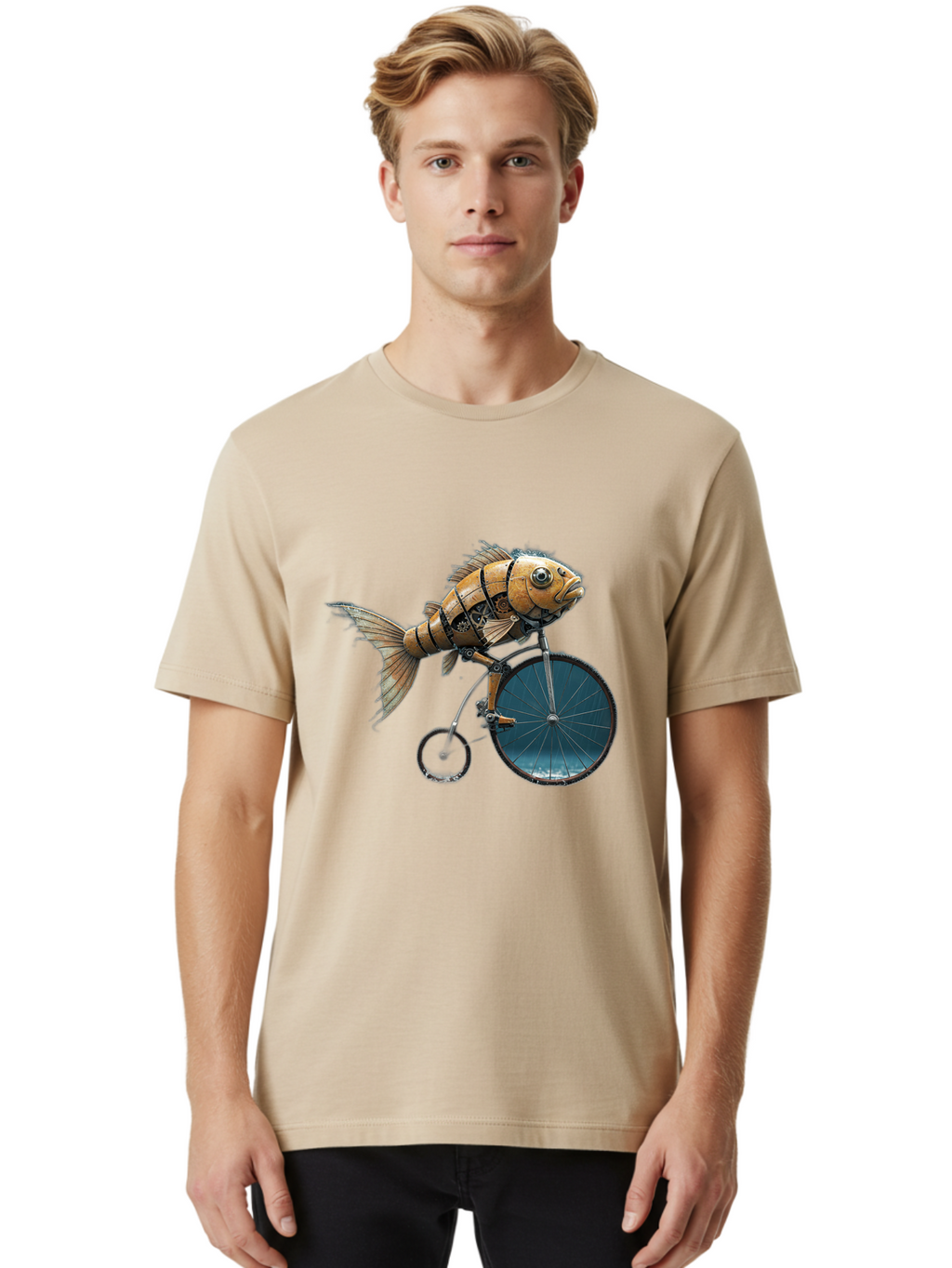 Fish-Riding-Bicycle Men'S Graphic Tee, 100% Cotton, Comfortable Casual Summer Wear, Machine Washable, Vintage Camera, Old Camera, Antique Camera, Black Camera, Classic Photography, Photography Equipment, Nostalgic Device, Film Camera, Bam403