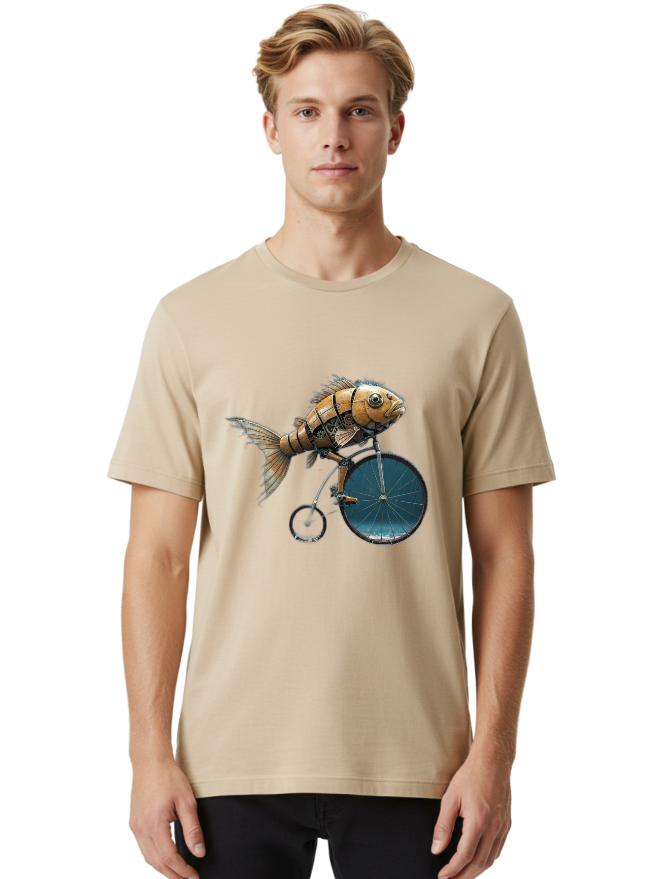 Fish-Riding-Bicycle Men'S Graphic Tee, 100% Cotton, Comfortable Casual Summer Wear, Machine Washable, Vintage Camera, Old Camera, Antique Camera, Black Camera, Classic Photography, Photography Equipment, Nostalgic Device, Film Camera, Bam403