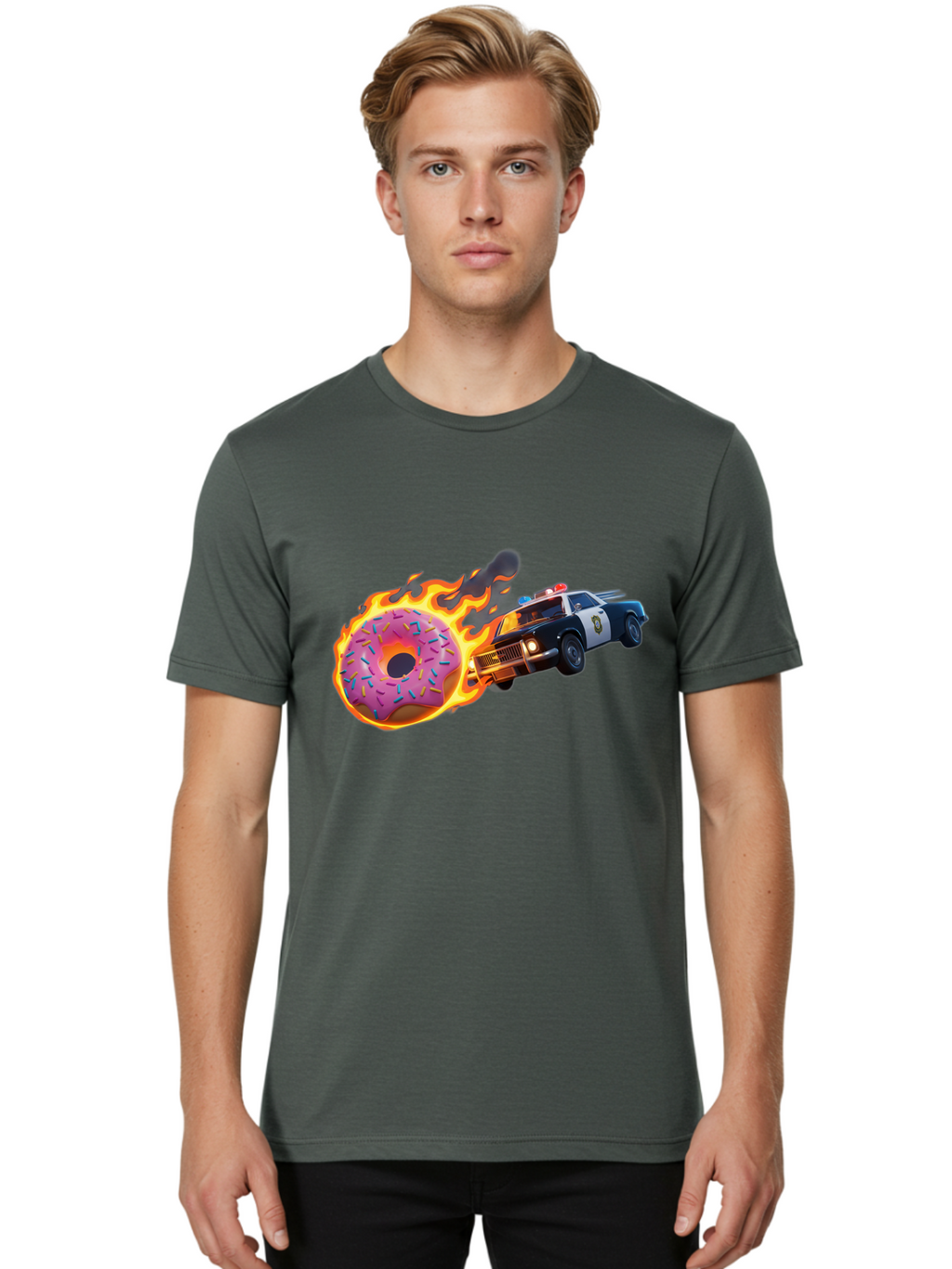 Flaming-Donut-Police-Car Men'S Graphic Tee, 100% Cotton, Comfortable Casual Summer Wear, Machine Washable, Vintage Camera, Old Camera, Antique Camera, Black Camera, Classic Photography, Photography Equipment, Nostalgic Device, Film Camera, Bam410