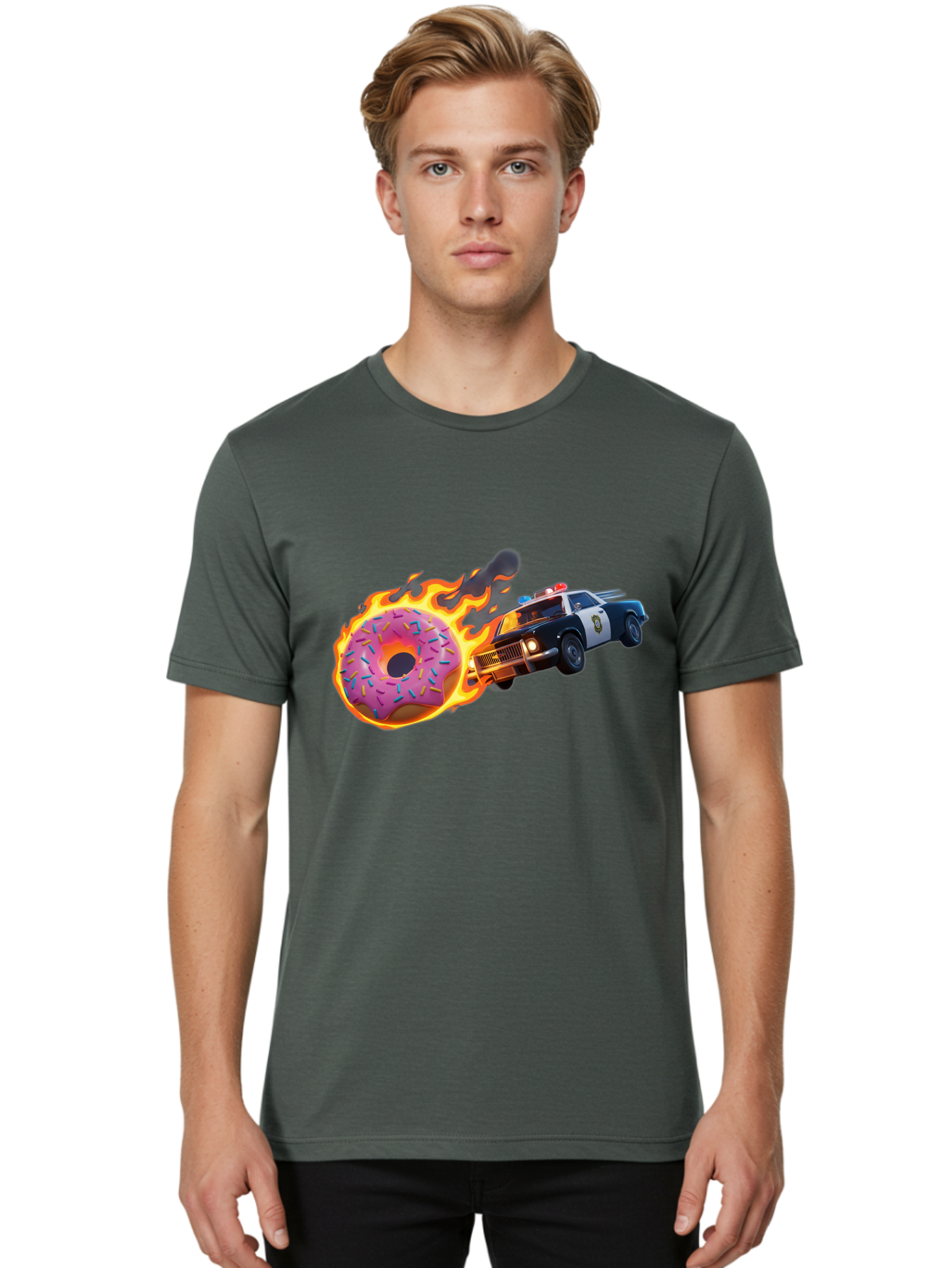 Flaming-Donut-Police-Car Men'S Graphic Tee, 100% Cotton, Comfortable Casual Summer Wear, Machine Washable, Vintage Camera, Old Camera, Antique Camera, Black Camera, Classic Photography, Photography Equipment, Nostalgic Device, Film Camera, Bam410
