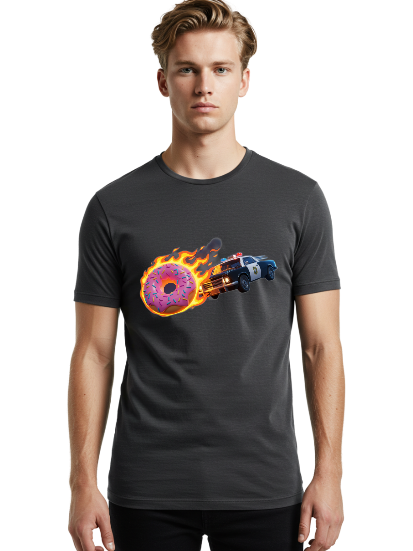Flaming-Donut-Police-Car Men'S Graphic Tee, 100% Cotton, Comfortable Casual Summer Wear, Machine Washable, Vintage Camera, Old Camera, Antique Camera, Black Camera, Classic Photography, Photography Equipment, Nostalgic Device, Film Camera, Bam410