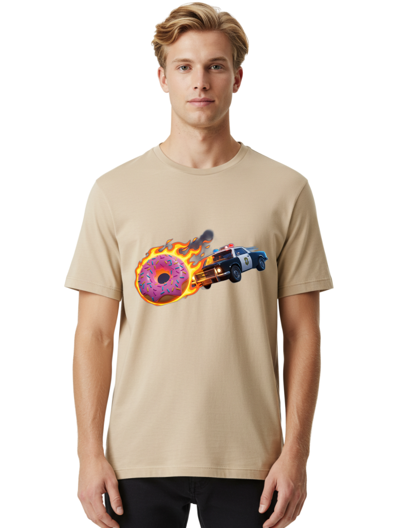Flaming-Donut-Police-Car Men'S Graphic Tee, 100% Cotton, Comfortable Casual Summer Wear, Machine Washable, Vintage Camera, Old Camera, Antique Camera, Black Camera, Classic Photography, Photography Equipment, Nostalgic Device, Film Camera, Bam410