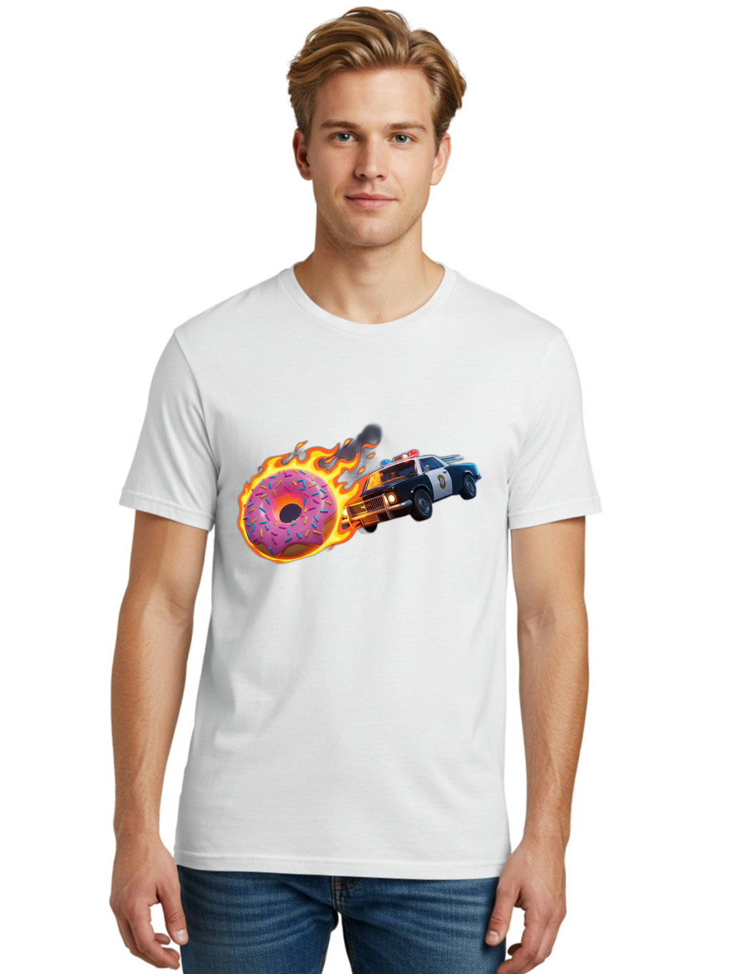 Flaming-Donut-Police-Car Men'S Graphic Tee, 100% Cotton, Comfortable Casual Summer Wear, Machine Washable, Vintage Camera, Old Camera, Antique Camera, Black Camera, Classic Photography, Photography Equipment, Nostalgic Device, Film Camera, Bam410