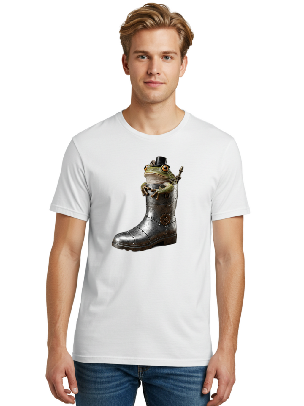 Frog-In-Steampunk-Boot Men'S Graphic Tee, 100% Cotton, Comfortable Casual Summer Wear, Machine Washable, Vintage Camera, Old Camera, Antique Camera, Black Camera, Classic Photography, Photography Equipment, Nostalgic Device, Film Camera, Bam451