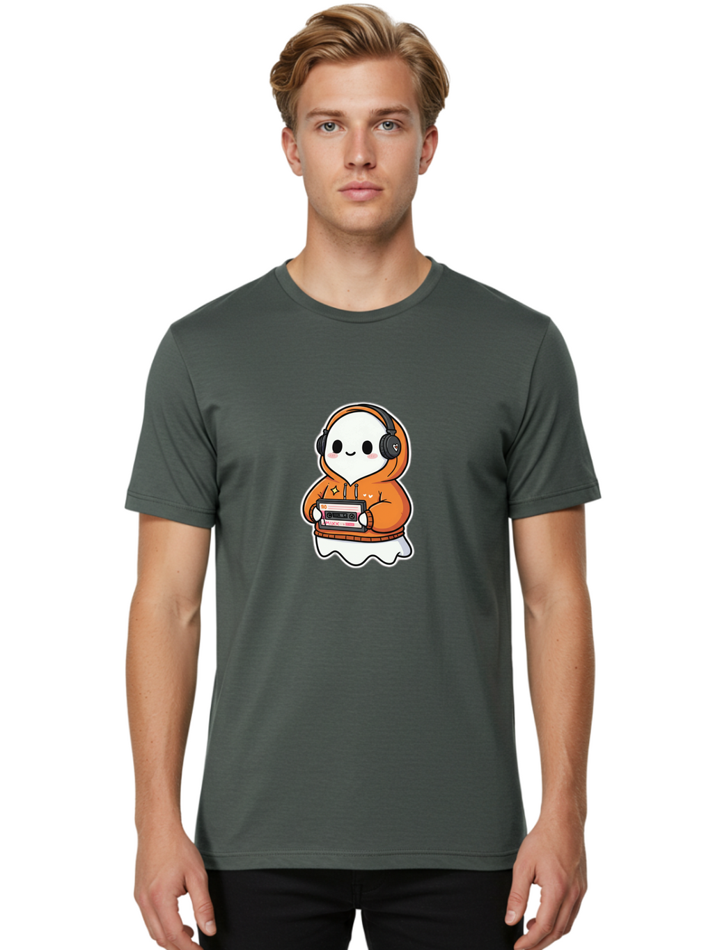 Ghost-Character-With-Cassette-Player Men'S Graphic Tee, 100% Cotton, Comfortable Casual Summer Wear, Machine Washable, Vintage Camera, Old Camera, Antique Camera, Black Camera, Classic Photography, Photography Equipment, Nostalgic Device, Bam512