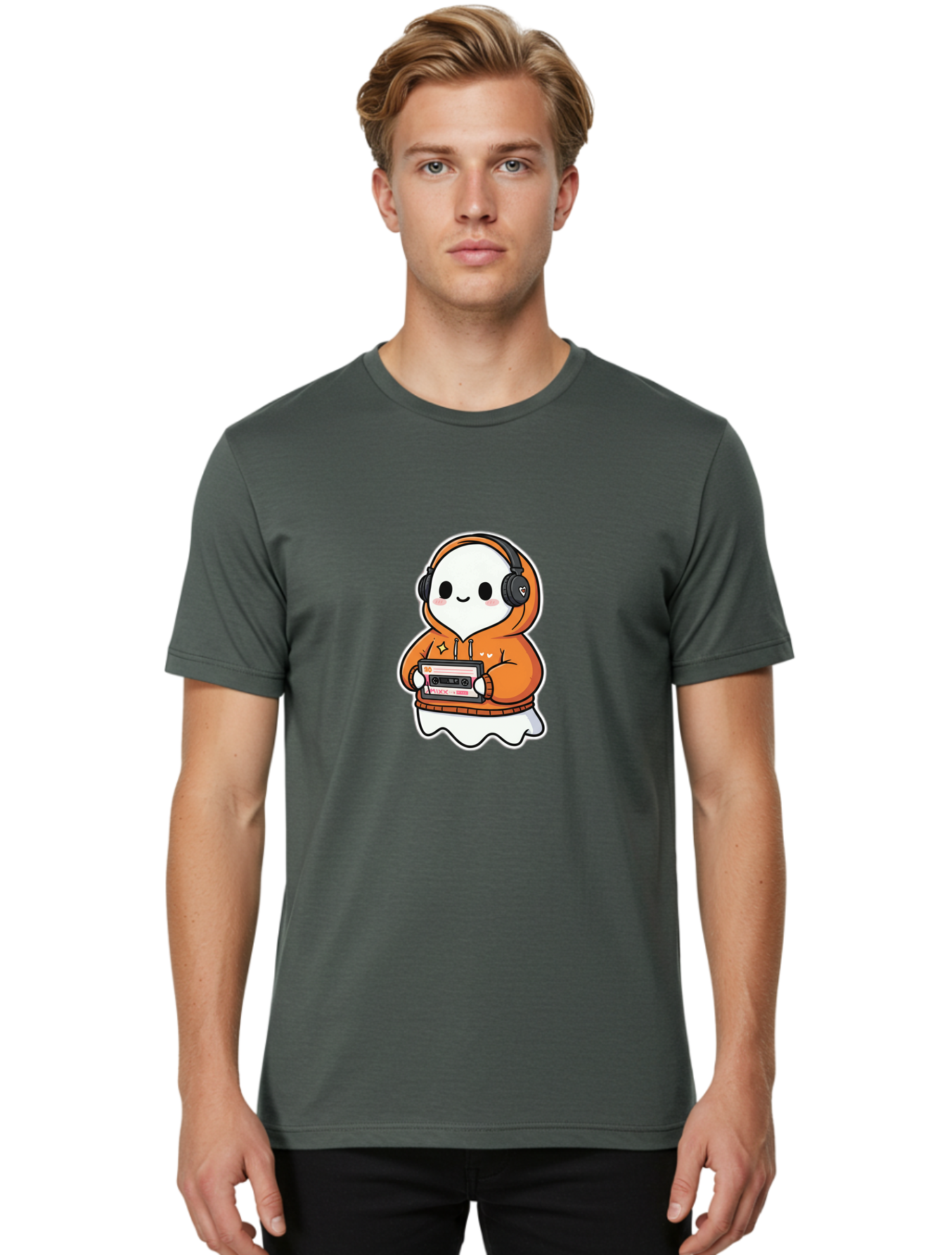 Ghost-Character-With-Cassette-Player Men'S Graphic Tee, 100% Cotton, Comfortable Casual Summer Wear, Machine Washable, Vintage Camera, Old Camera, Antique Camera, Black Camera, Classic Photography, Photography Equipment, Nostalgic Device, Bam512