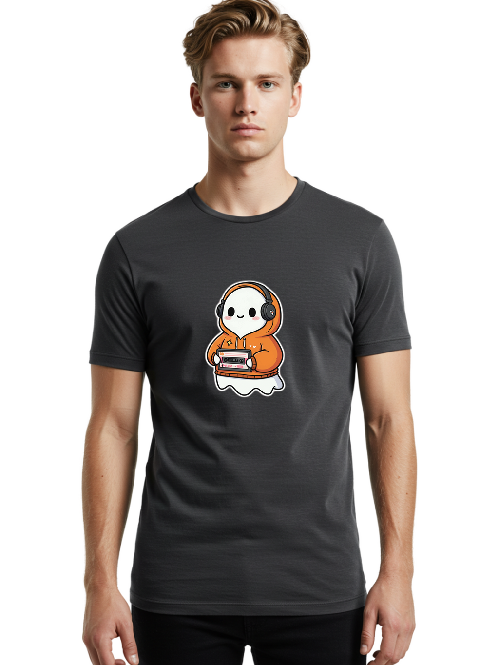 Ghost-Character-With-Cassette-Player Men'S Graphic Tee, 100% Cotton, Comfortable Casual Summer Wear, Machine Washable, Vintage Camera, Old Camera, Antique Camera, Black Camera, Classic Photography, Photography Equipment, Nostalgic Device, Bam512