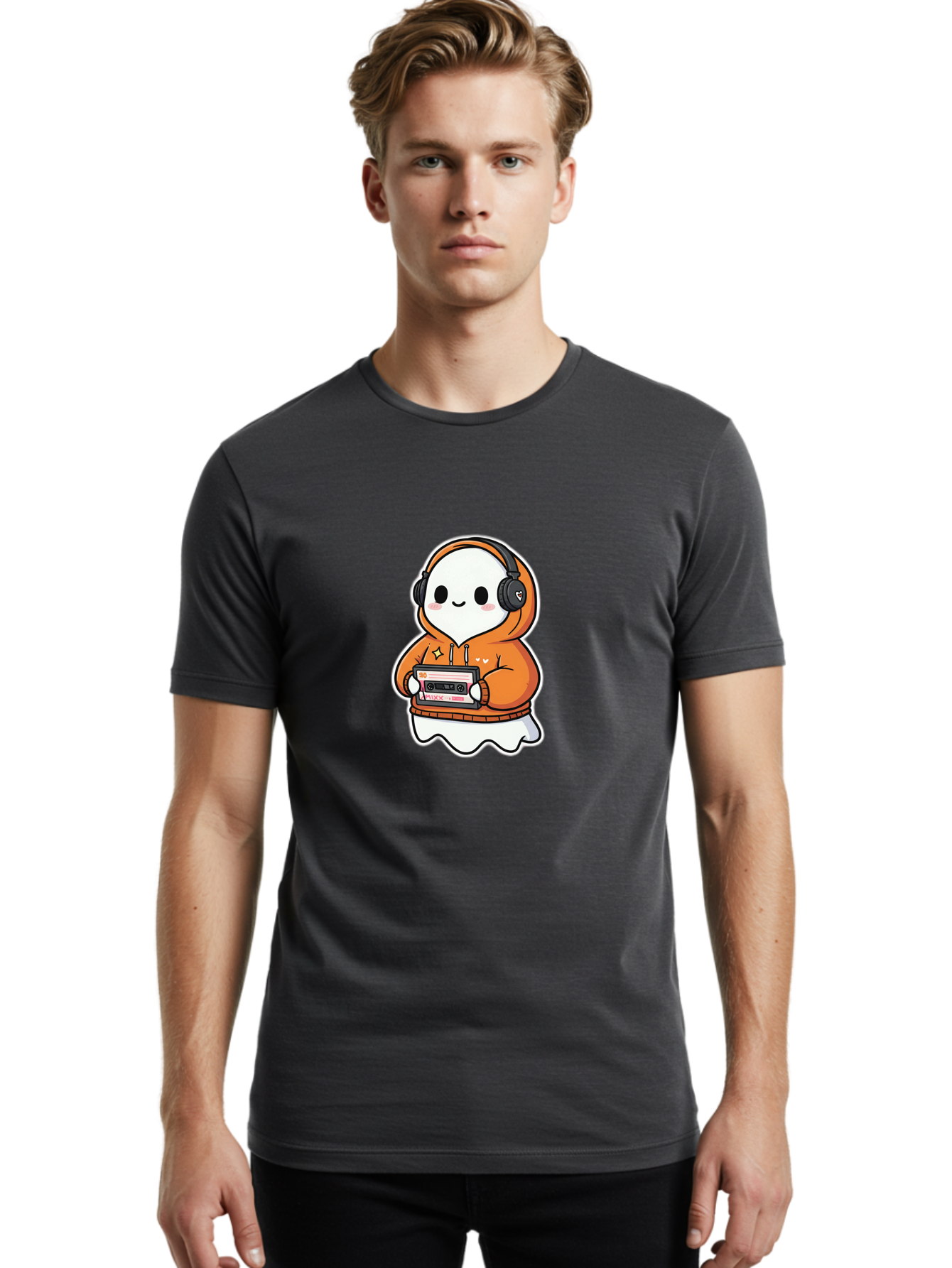 Ghost-Character-With-Cassette-Player Men'S Graphic Tee, 100% Cotton, Comfortable Casual Summer Wear, Machine Washable, Vintage Camera, Old Camera, Antique Camera, Black Camera, Classic Photography, Photography Equipment, Nostalgic Device, Bam512